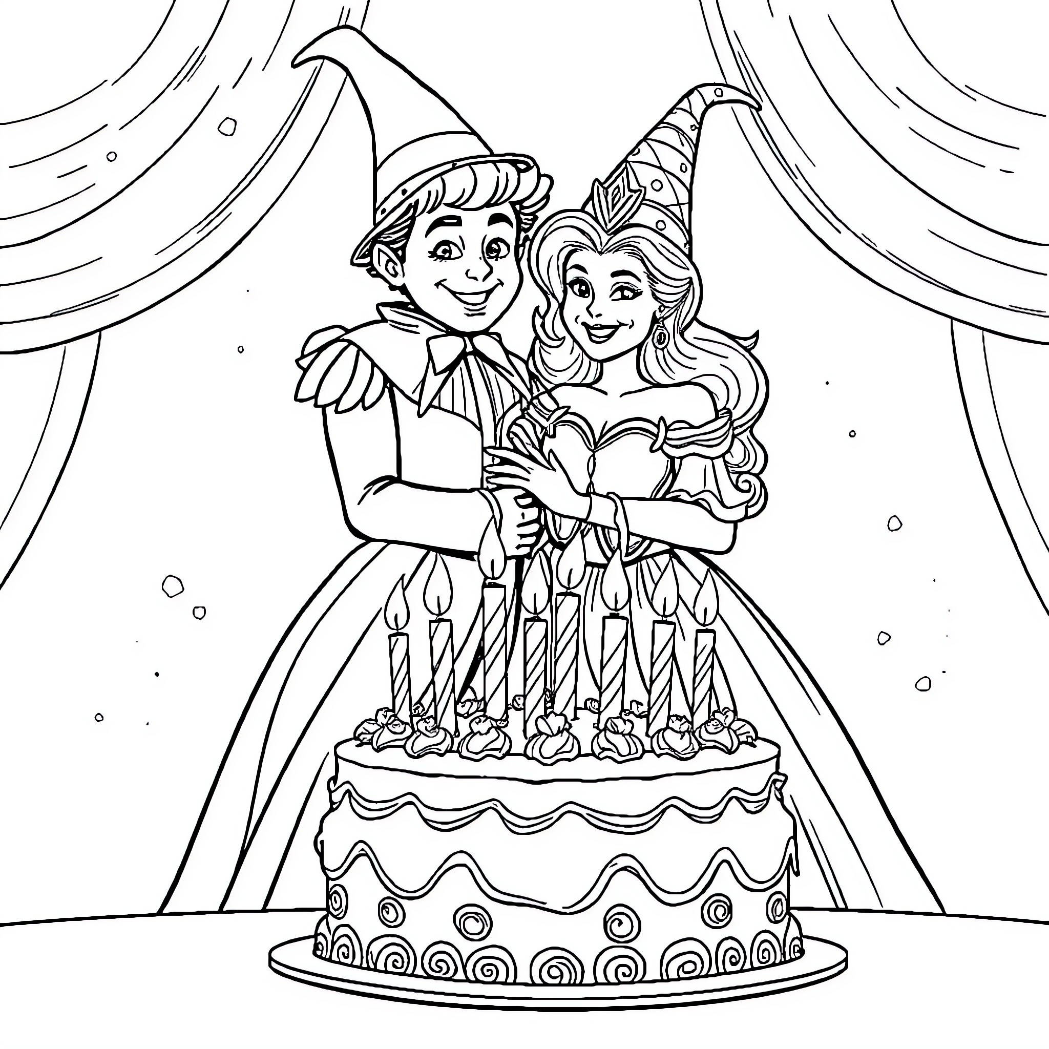 Elf Couple Celebrating with Birthday Cake Coloring Page (free black-and-white line drawing printable PDF for all, from beginners to advanced learners, including children, teens, adults, and seniors)