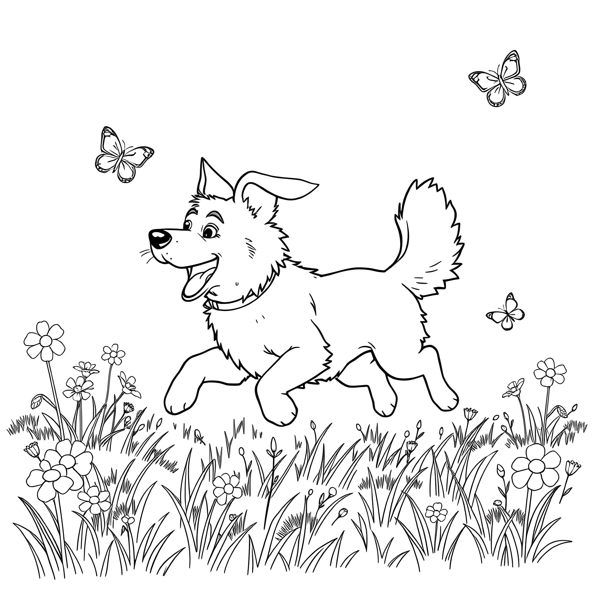 Dog playing happily in the flower field Coloring Page (free black-and-white line drawing printable PDF for all, from beginners to advanced learners, including children, teens, adults, and seniors)