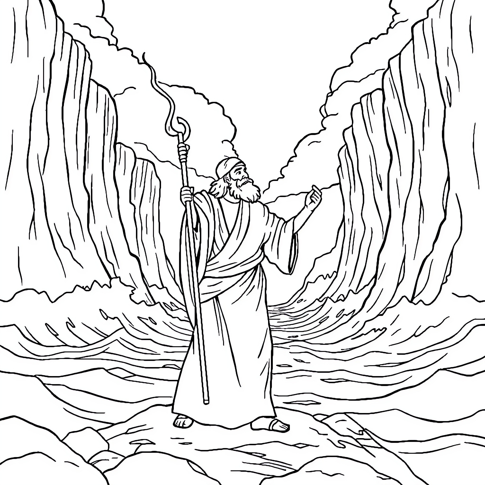 Moses parting the Red Sea with his staff Coloring Page (free black-and-white line drawing printable PDF for all, from beginners to advanced learners, including children, teens, adults, and seniors)