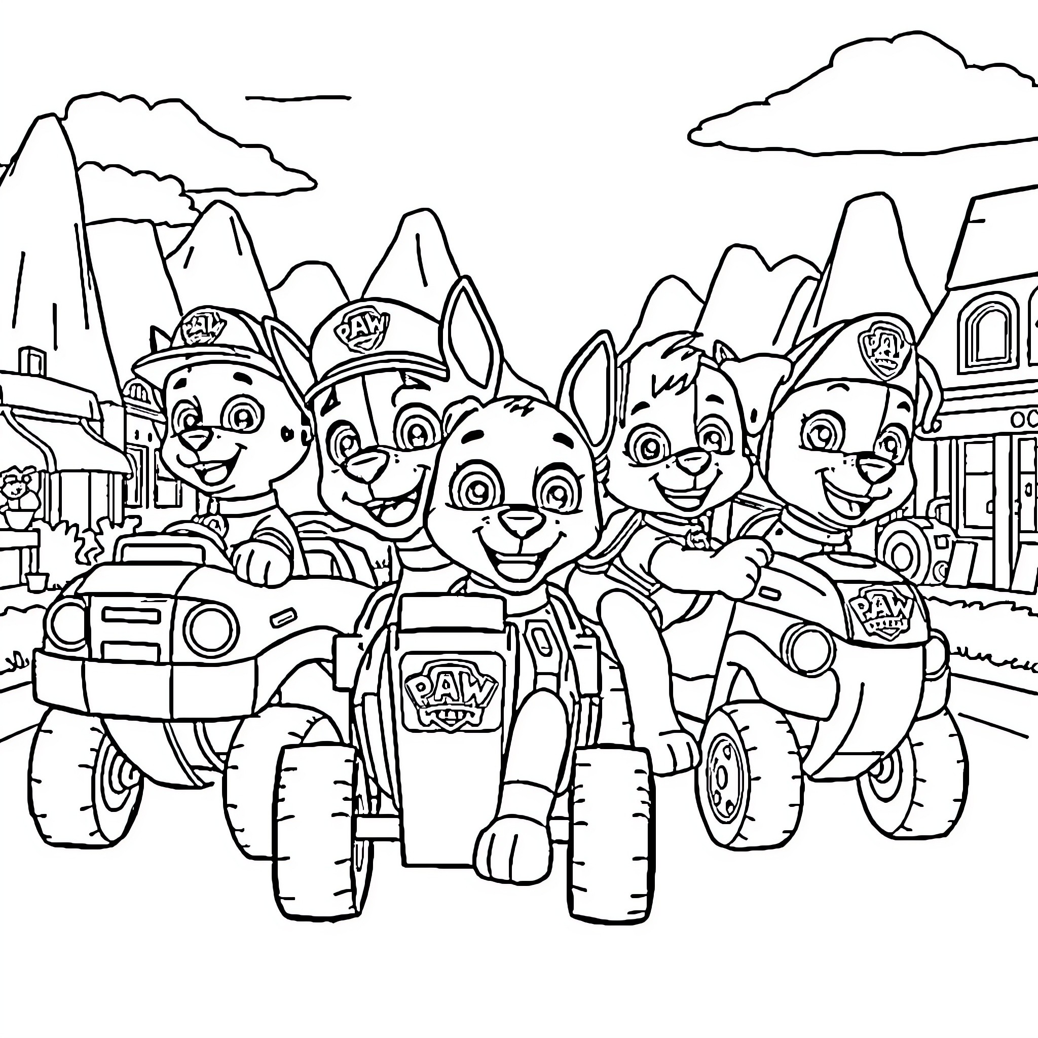 Paw Patrol characters on rescue vehicles in the city Coloring Page (free black-and-white line drawing printable PDF for all, from beginners to advanced learners, including children, teens, adults, and seniors)