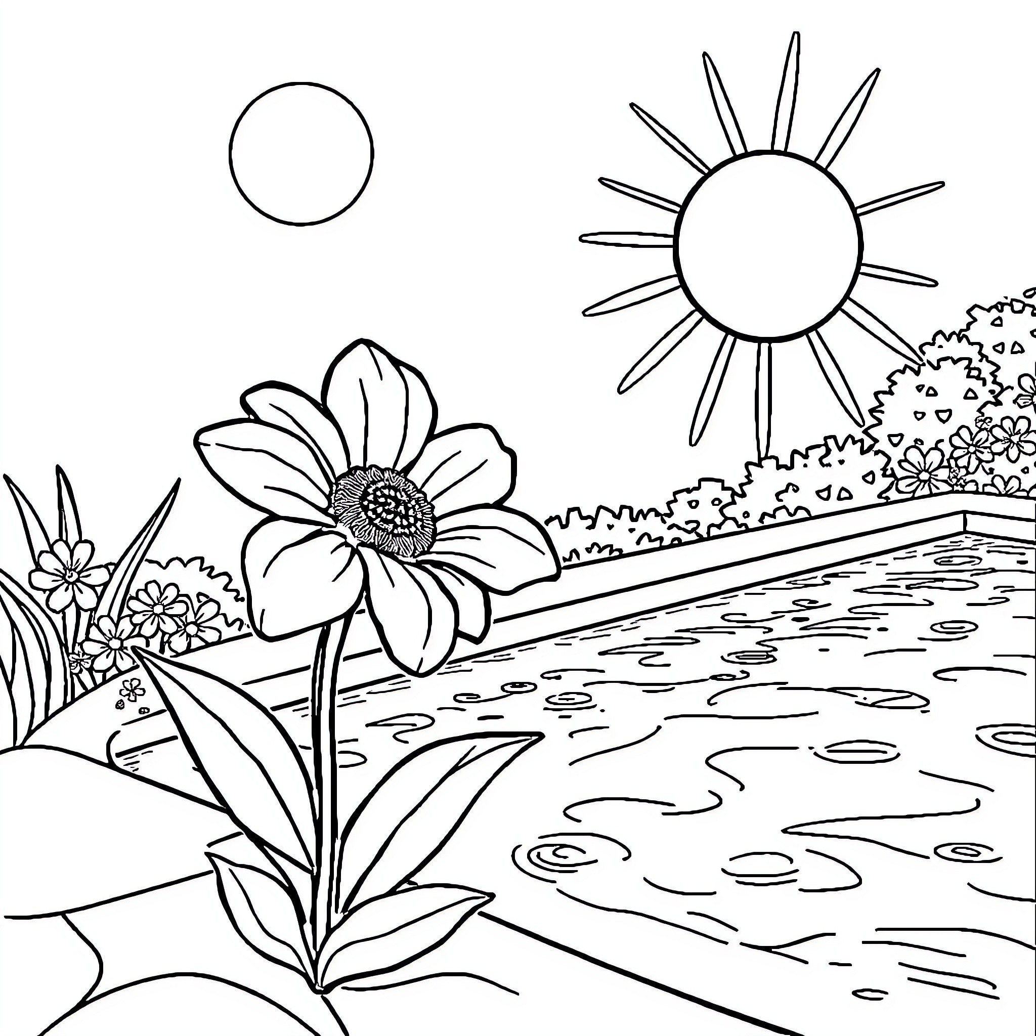 Flower Garden Landscape with Sunlight Coloring Page (free black-and-white line drawing printable PDF for all, from beginners to advanced learners, including children, teens, adults, and seniors)