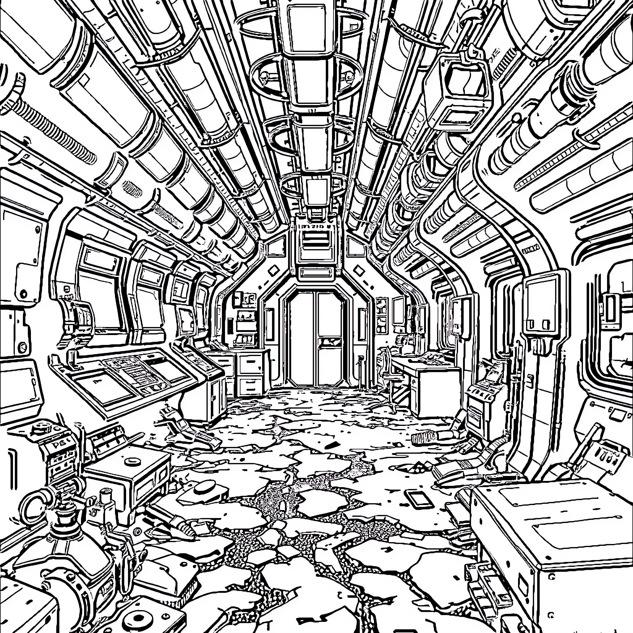 Resident Evil: Abandoned Sci-Fi Facility Aftermath Coloring Page (free black-and-white line drawing printable PDF for all, from beginners to advanced learners, including children, teens, adults, and seniors)