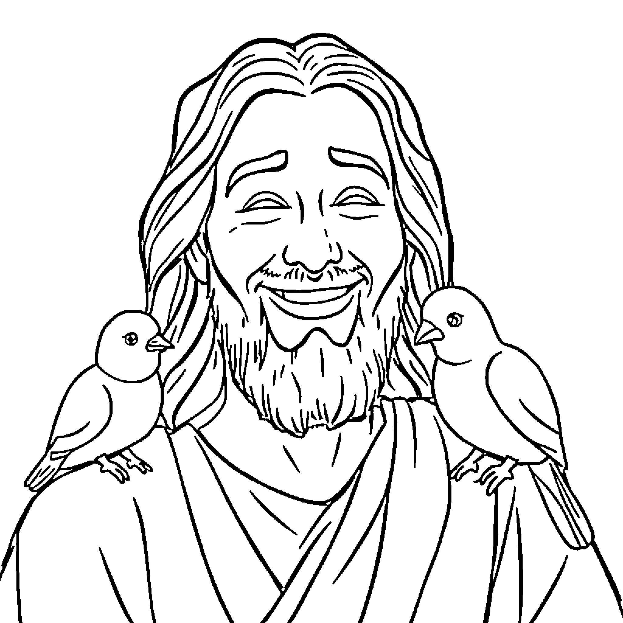 Jesus smiling with birds on his shoulders Coloring Page (free black-and-white line drawing printable PDF for all, from beginners to advanced learners, including children, teens, adults, and seniors)