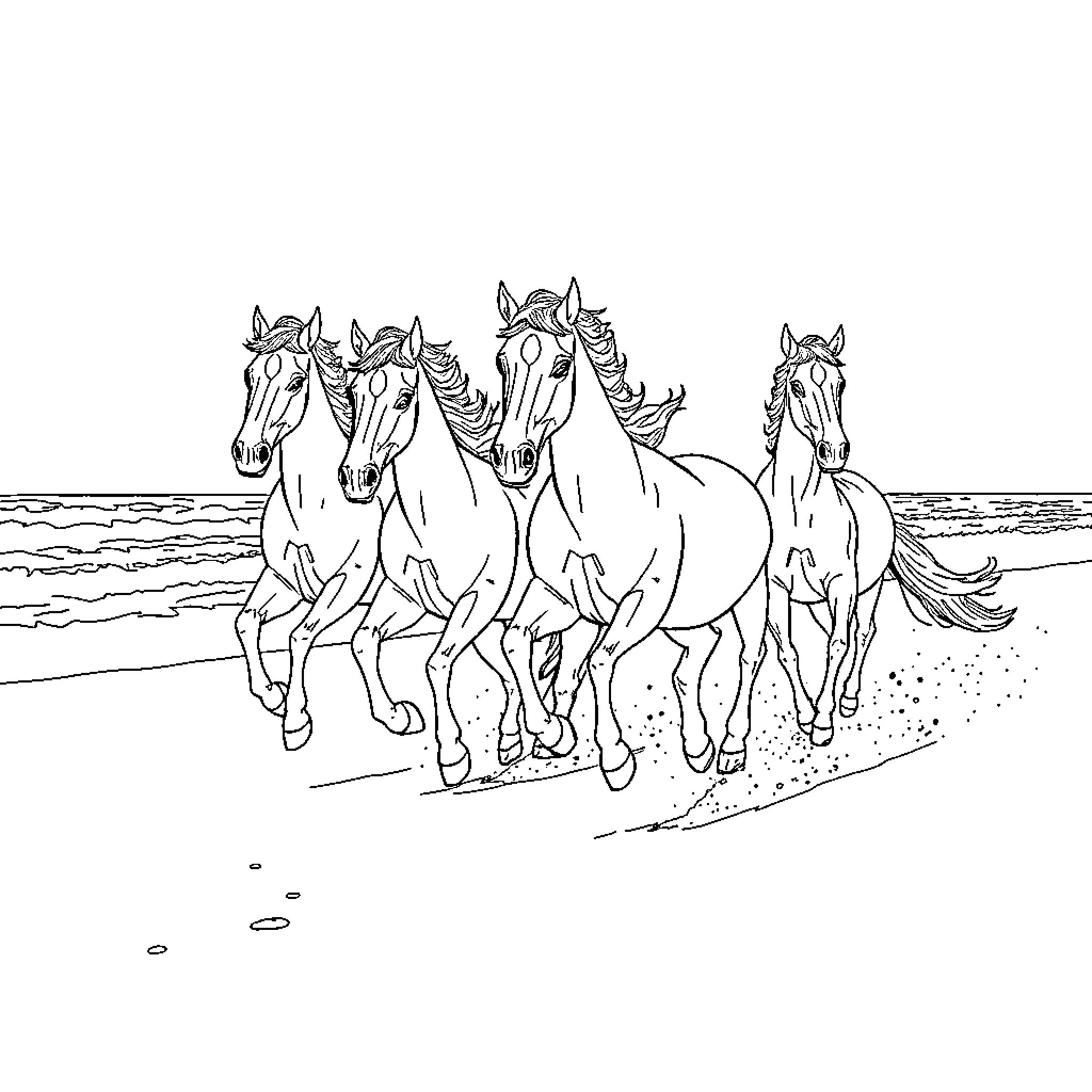 Horses galloping across the beach Coloring Page (free black-and-white line drawing printable PDF for all, from beginners to advanced learners, including children, teens, adults, and seniors)