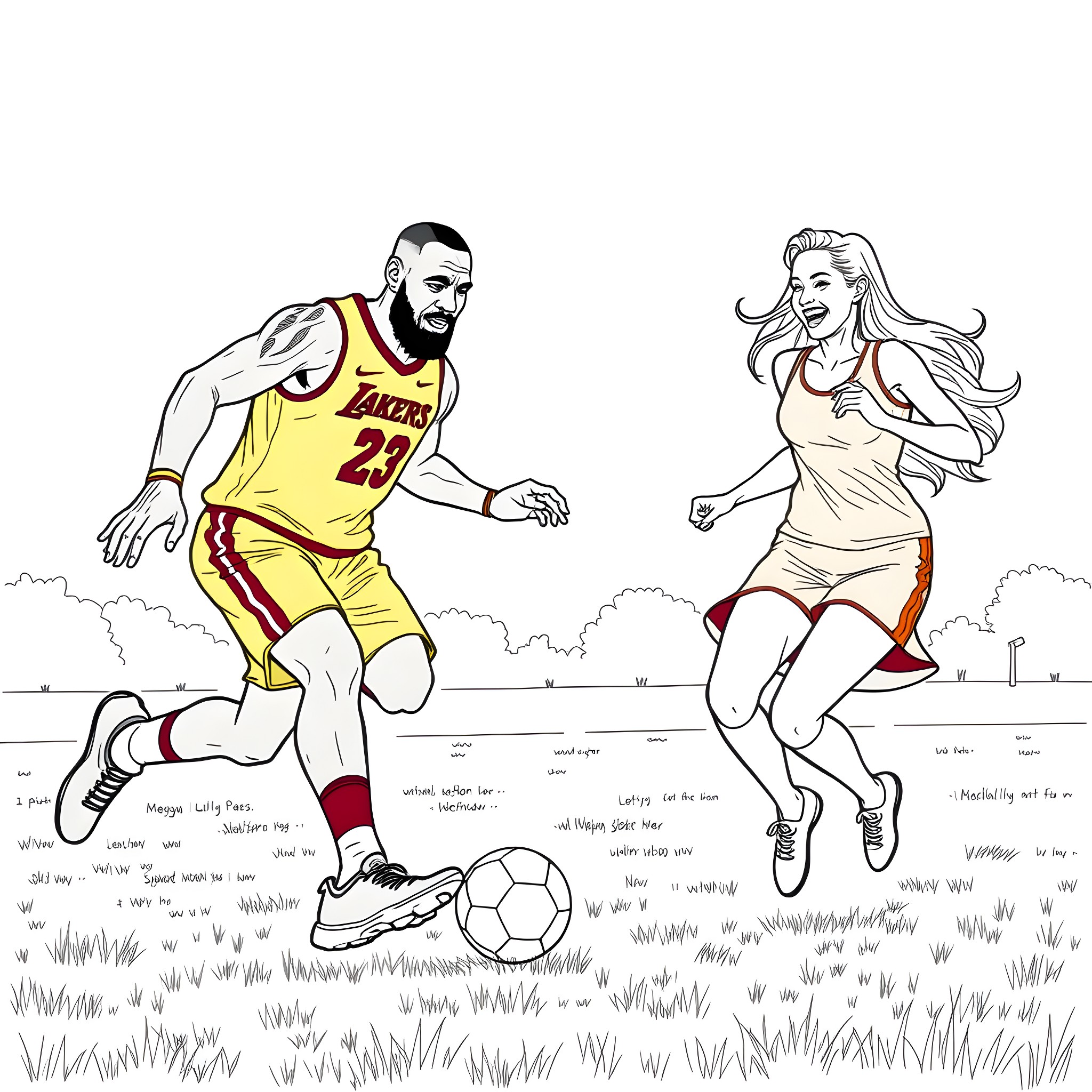 LeBron James and Woman Playing Soccer on Field Coloring Page (free black-and-white line drawing printable PDF for all, from beginners to advanced learners, including children, teens, adults, and seniors)