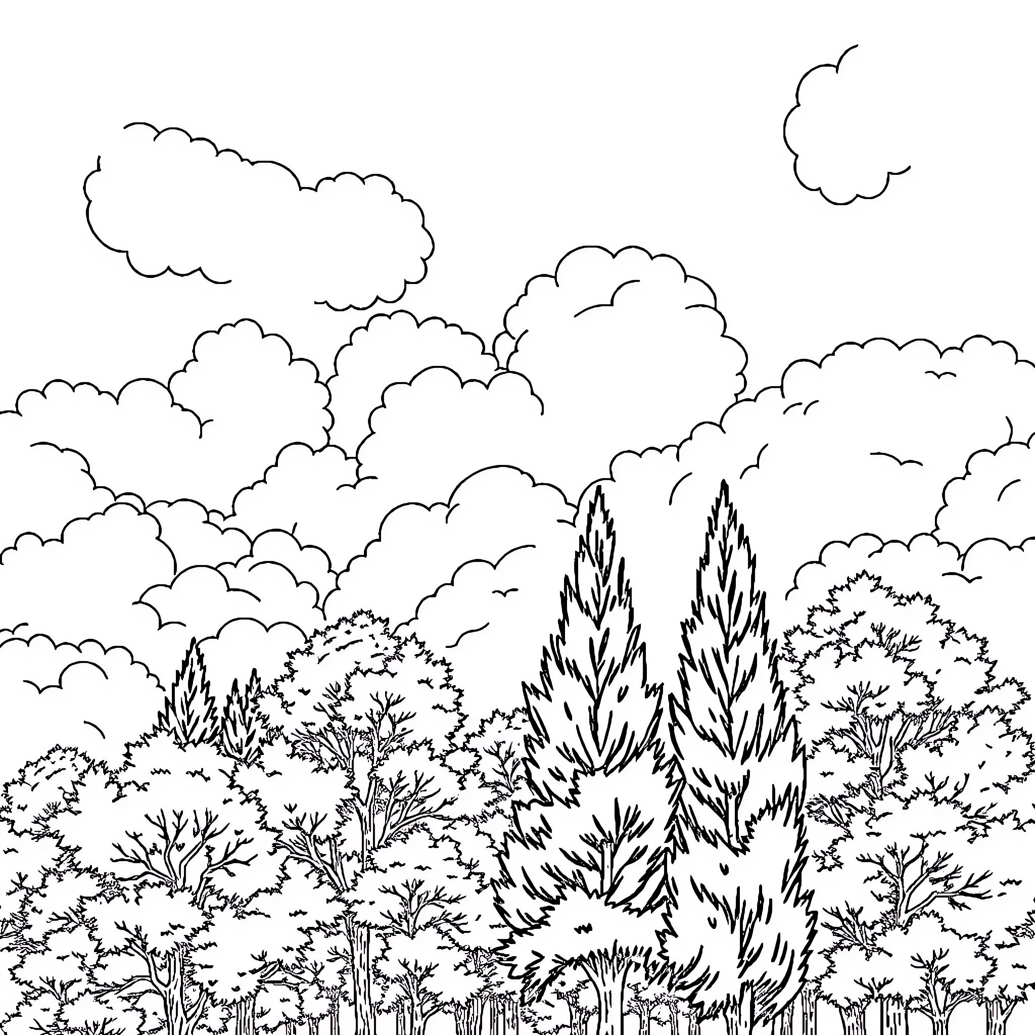 Tree-filled landscape with fluffy clouds Coloring Page (free black-and-white line drawing printable PDF for all, from beginners to advanced learners, including children, teens, adults, and seniors)