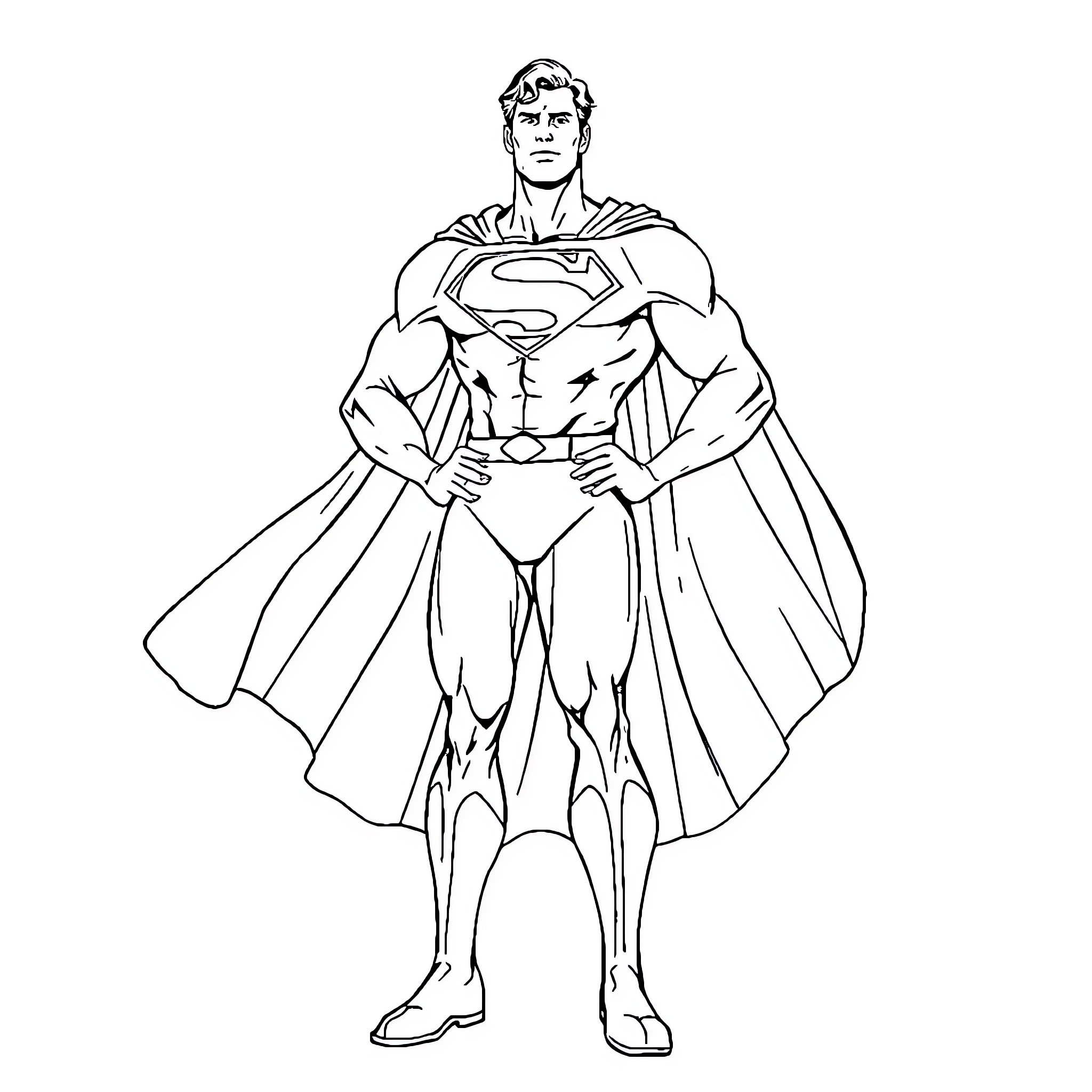 Superman in heroic stance with cape and emblem Coloring Page (free black-and-white line drawing printable PDF for all, from beginners to advanced learners, including children, teens, adults, and seniors)