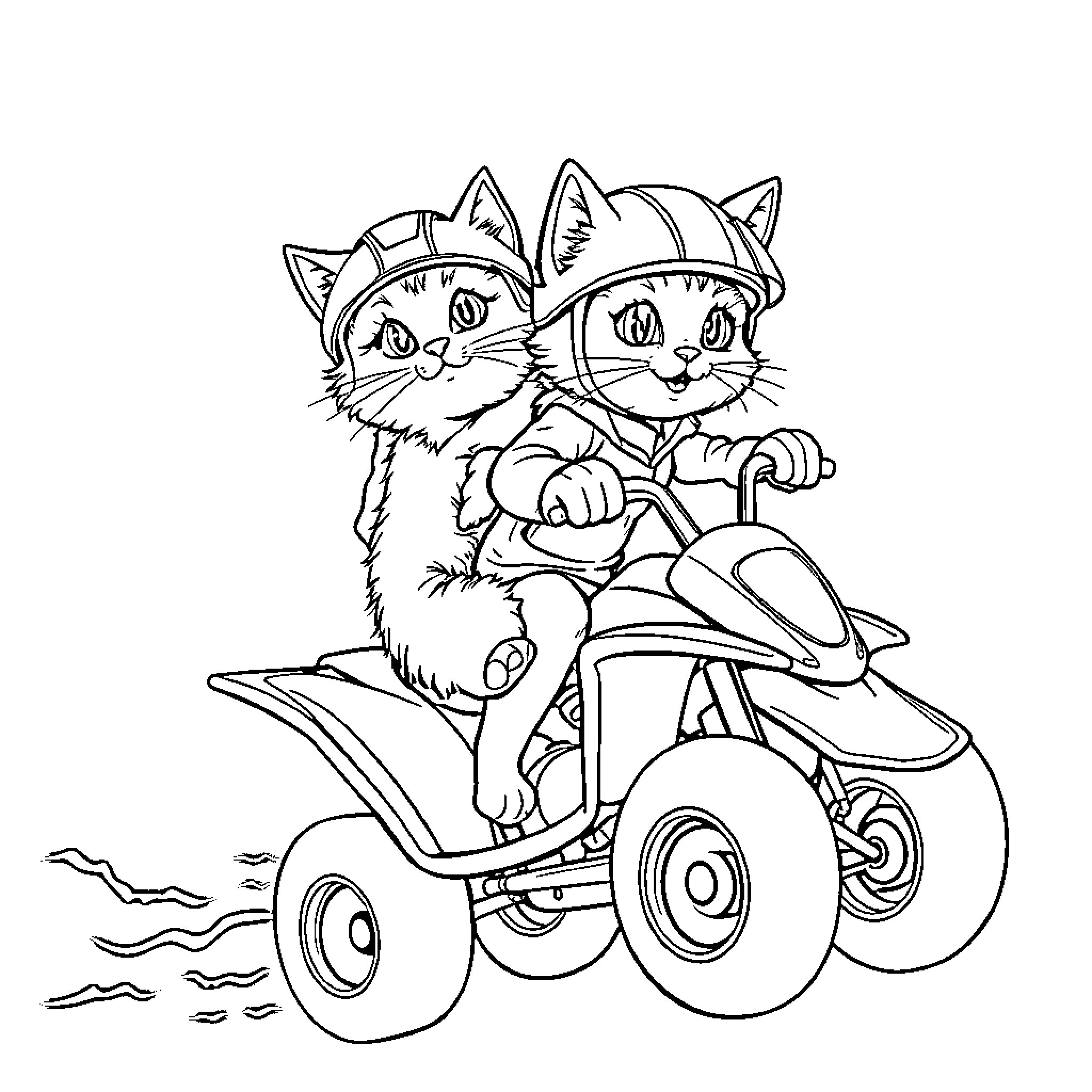 Cats riding a quad on an adventure Coloring Page (free black-and-white line drawing printable PDF for all, from beginners to advanced learners, including children, teens, adults, and seniors)