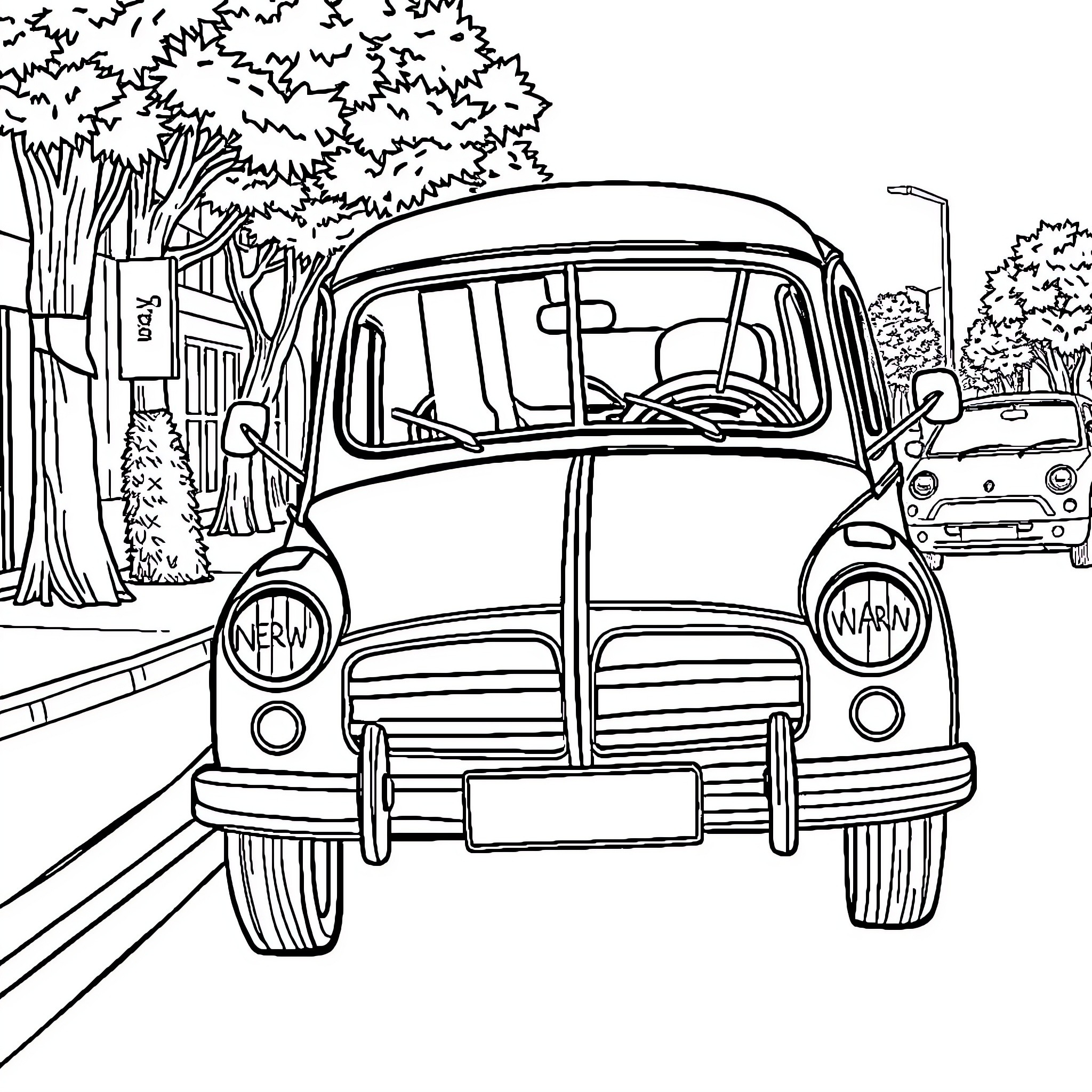 Torton vintage car on a countryside road Coloring Page (free black-and-white line drawing printable PDF for all, from beginners to advanced learners, including children, teens, adults, and seniors)