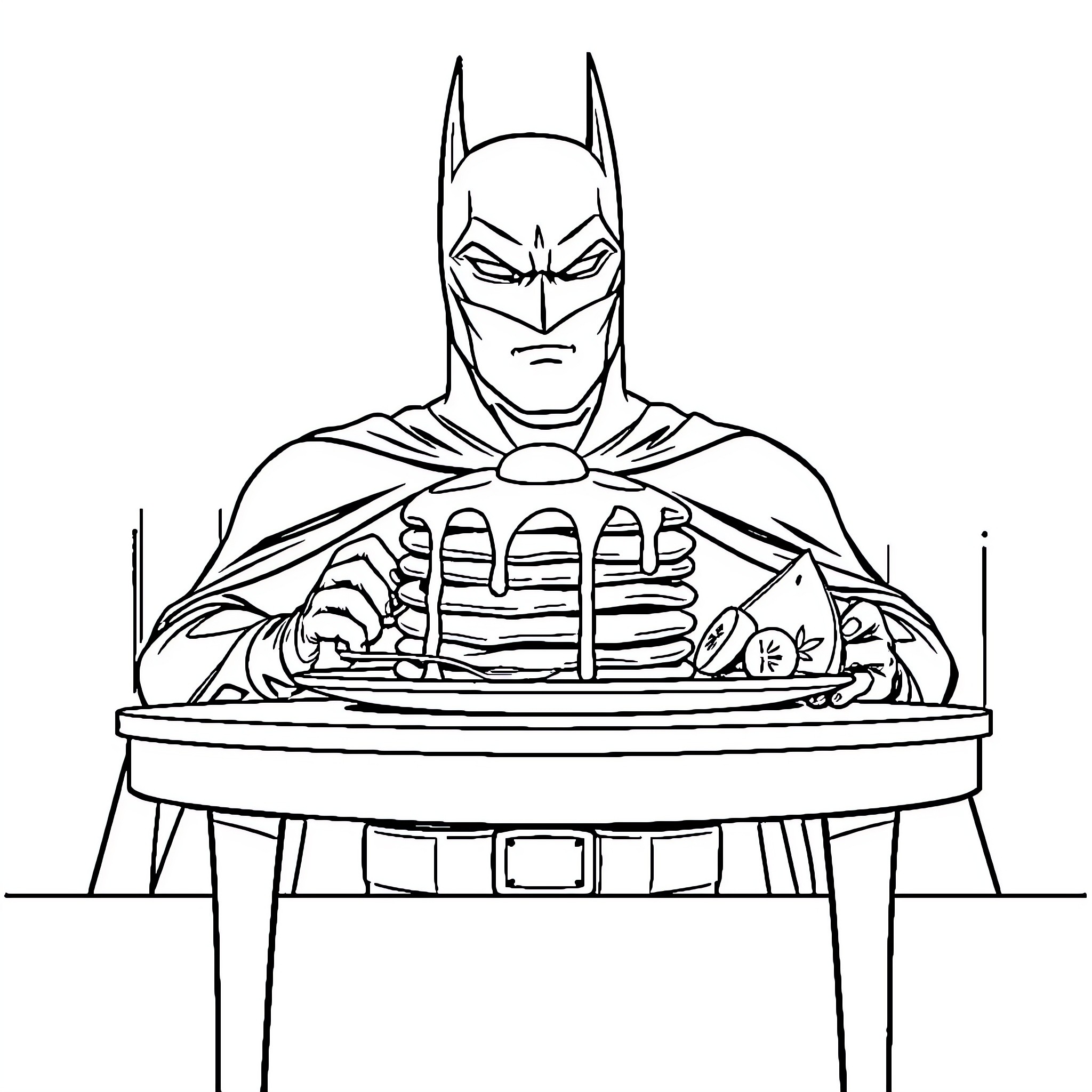 Batman Enjoying a Hearty Meal Coloring Page (free black-and-white line drawing printable PDF for all, from beginners to advanced learners, including children, teens, adults, and seniors)