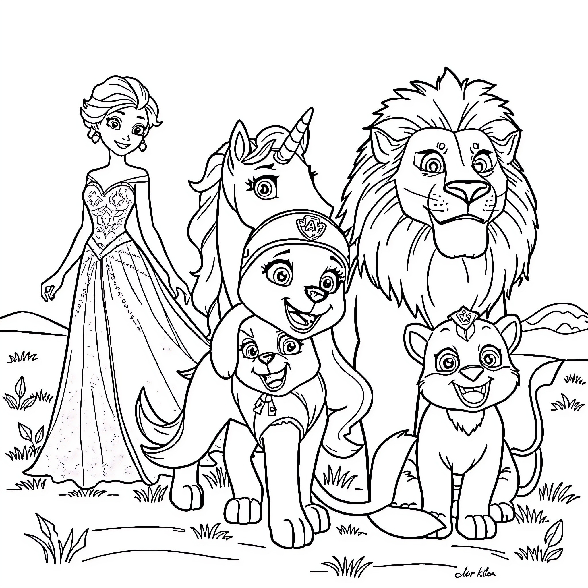 Princess and her fantastical animal companions Coloring Page (free black-and-white line drawing printable PDF for all, from beginners to advanced learners, including children, teens, adults, and seniors)