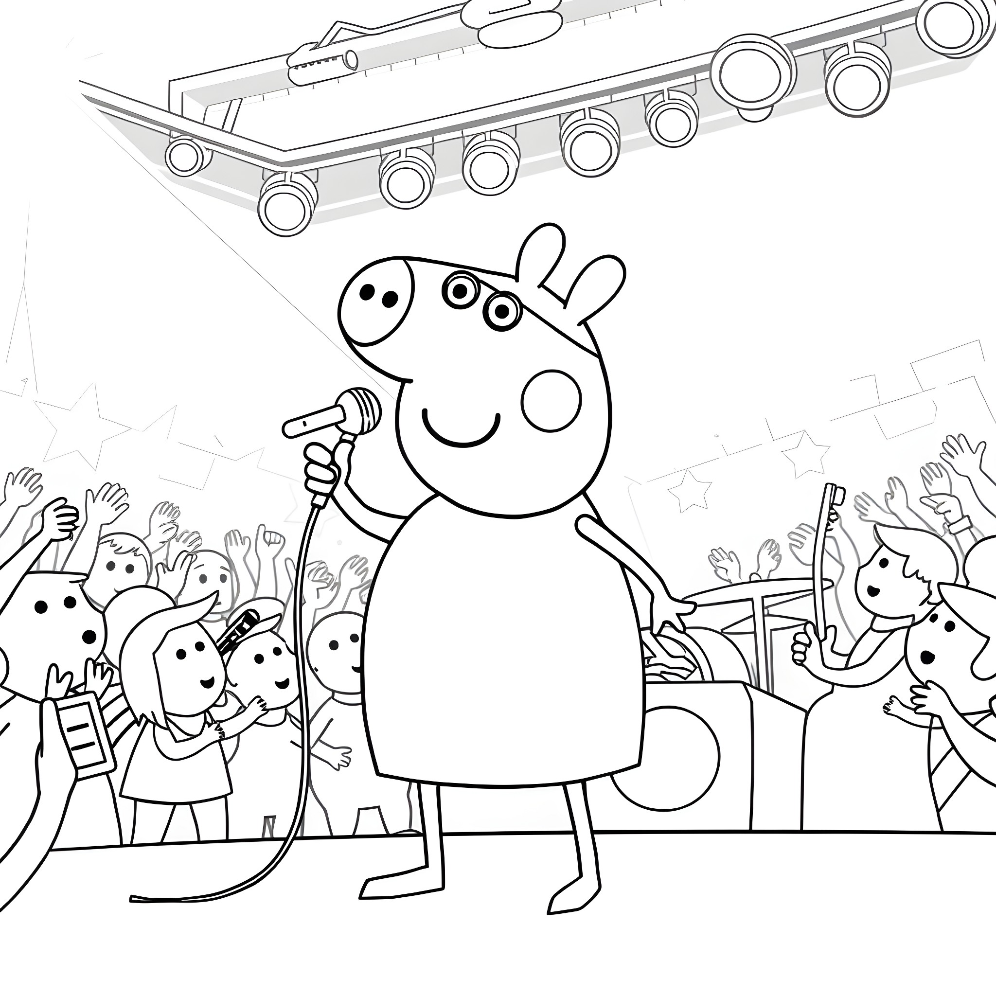 Peppa Pig performing on stage with crowd Coloring Page (free black-and-white line drawing printable PDF for all, from beginners to advanced learners, including children, teens, adults, and seniors)