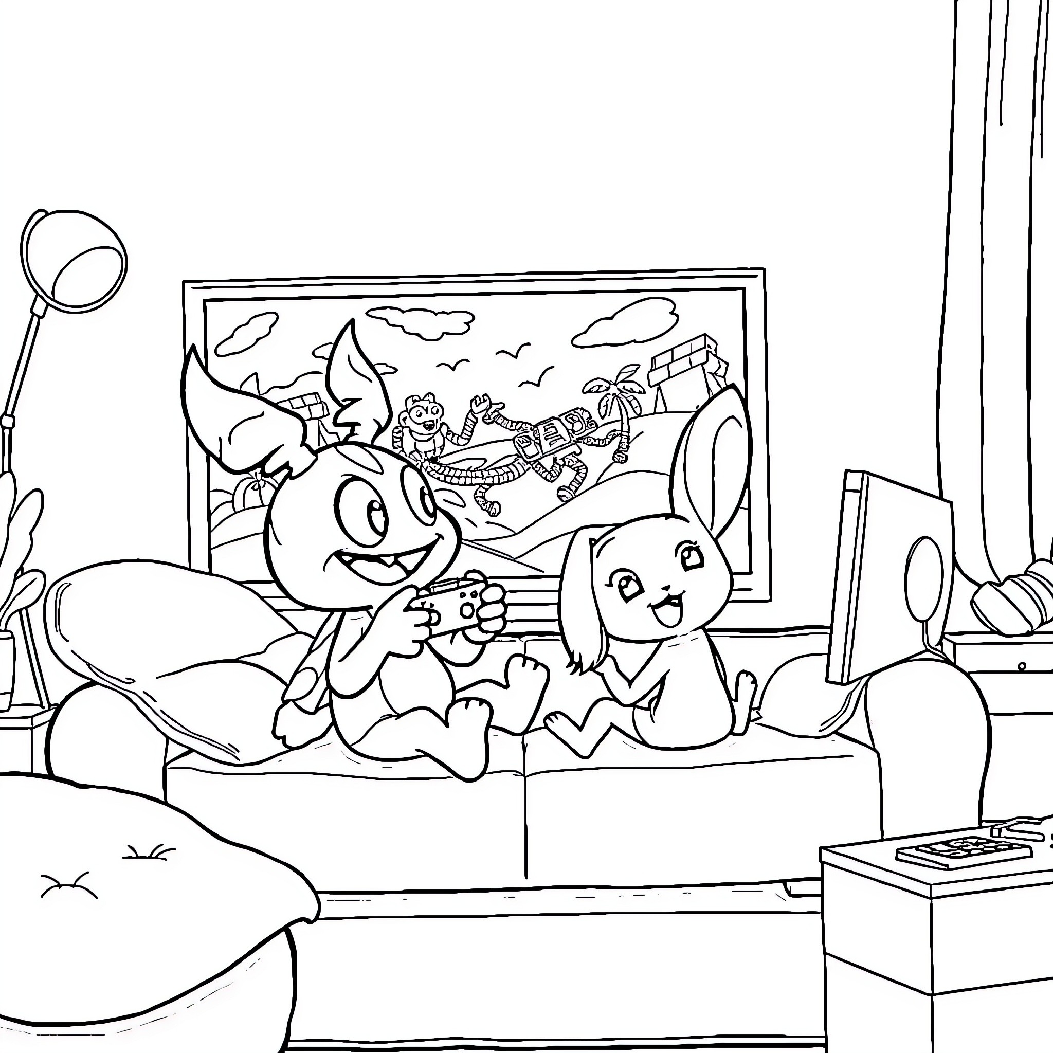 Yooka Laylee playing video games together Coloring Page (free black-and-white line drawing printable PDF for all, from beginners to advanced learners, including children, teens, adults, and seniors)