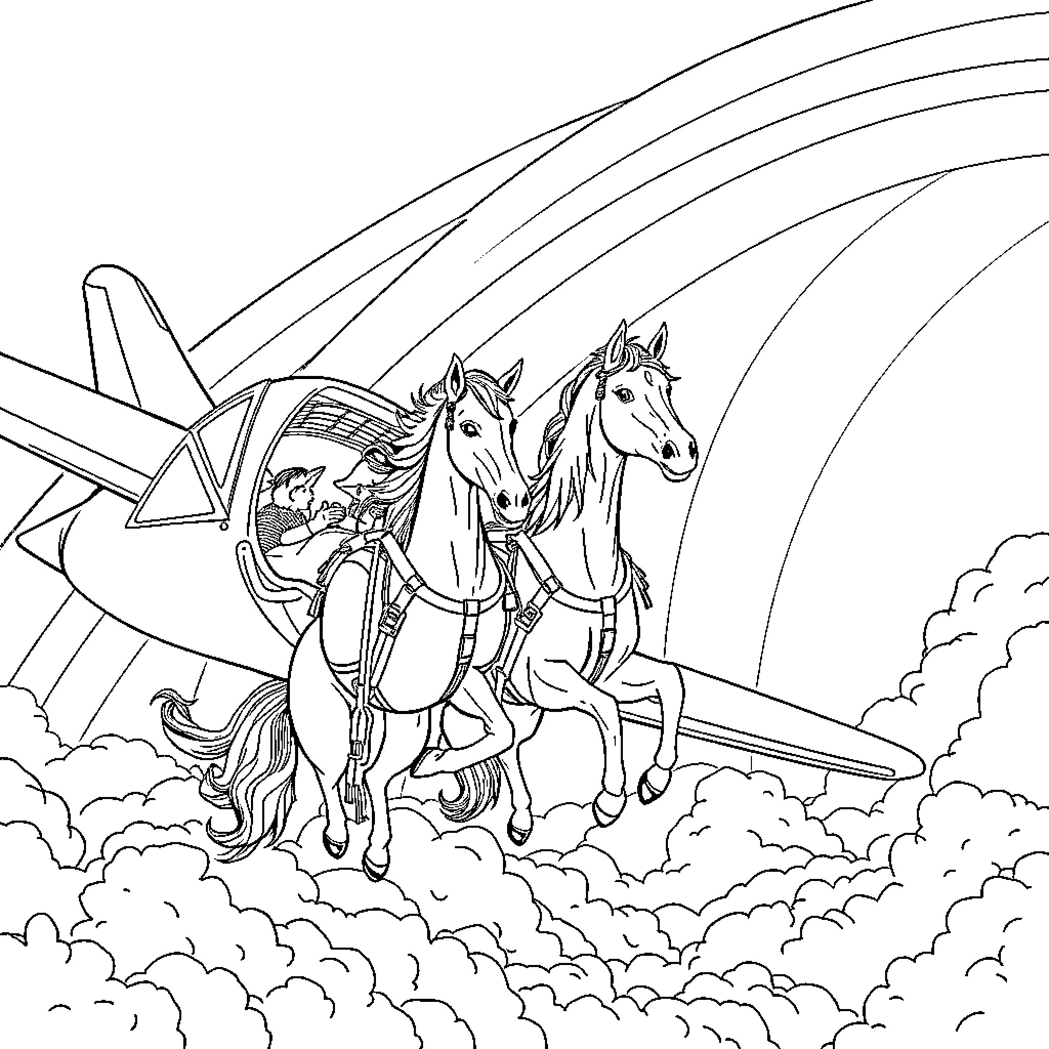 Horse-drawn carriage soaring through the clouds Coloring Page (free black-and-white line drawing printable PDF for all, from beginners to advanced learners, including children, teens, adults, and seniors)