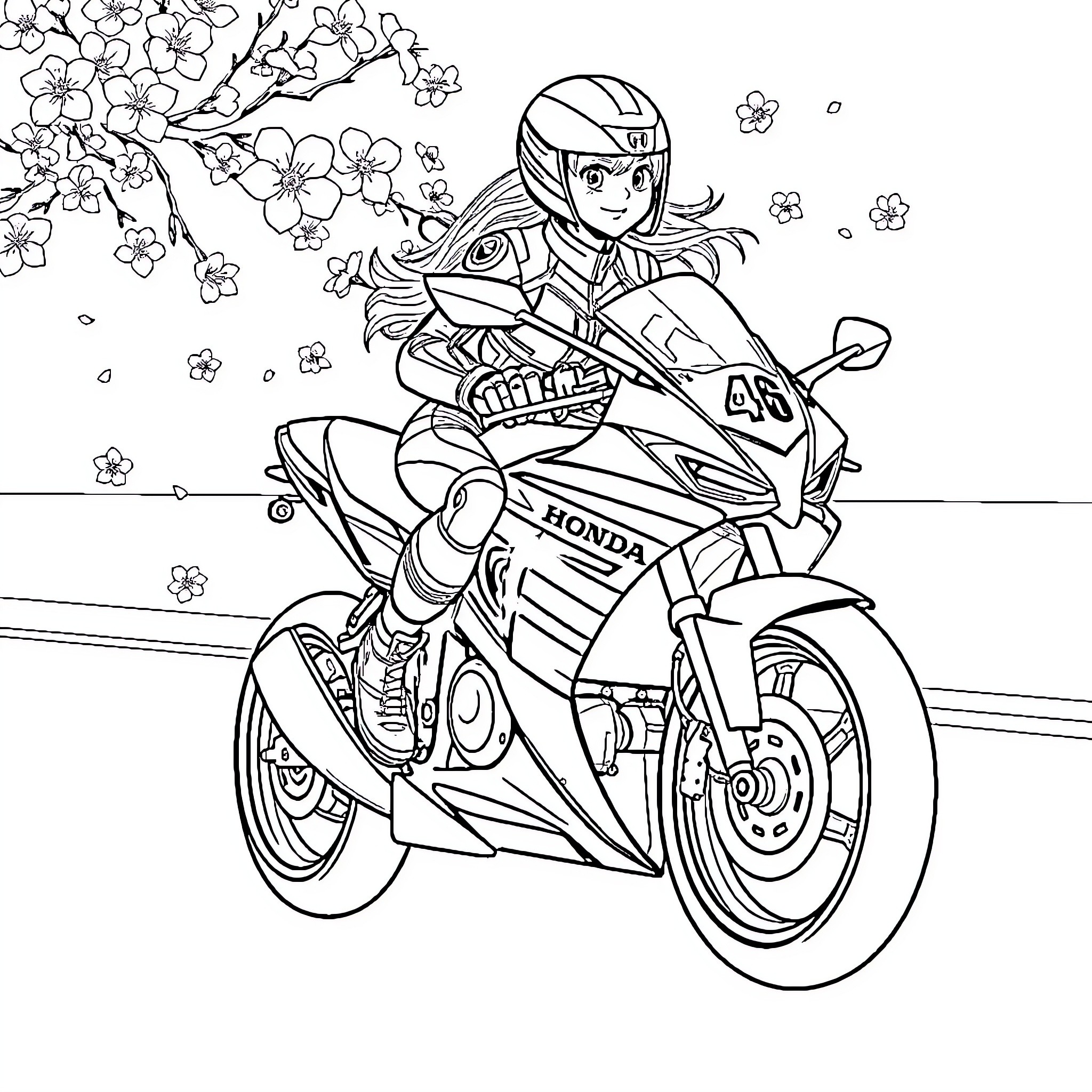 Motorcycle rider in action with cherry blossoms Coloring Page (free black-and-white line drawing printable PDF for all, from beginners to advanced learners, including children, teens, adults, and seniors)