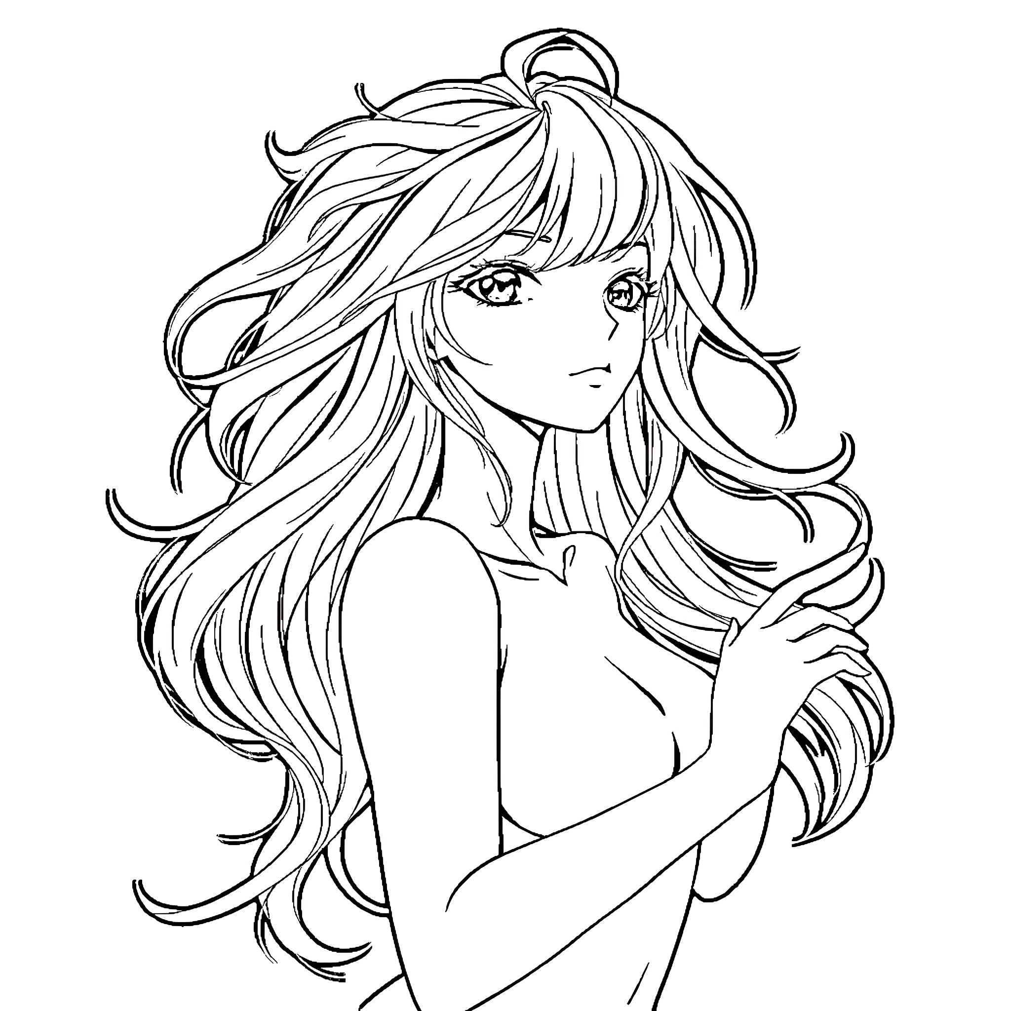 Woman with long flowing hair and expressive eyes Coloring Page (free black-and-white line drawing printable PDF for all, from beginners to advanced learners, including children, teens, adults, and seniors)