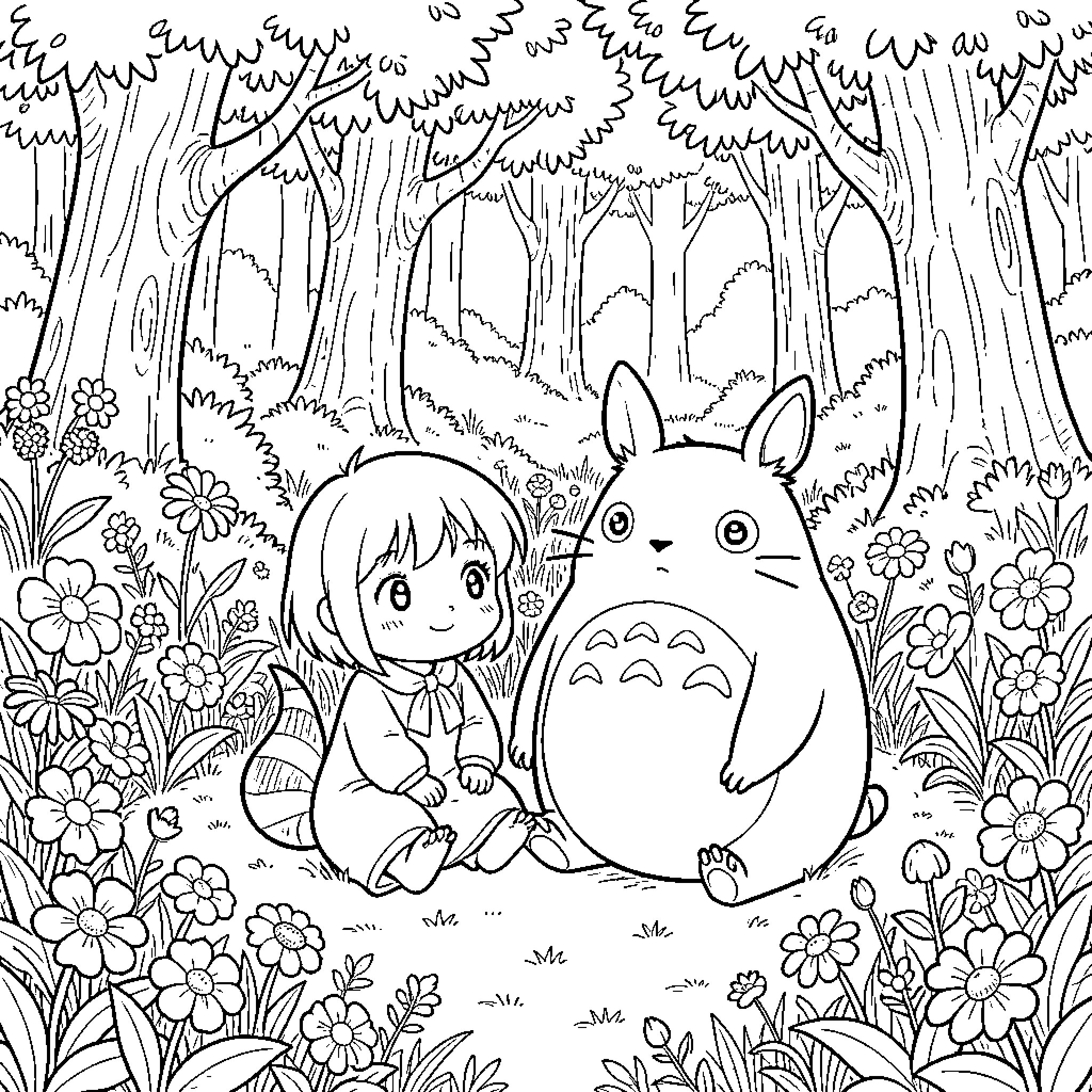 Ponyo exploring the whimsical forest with Totoro Coloring Page (free black-and-white line drawing printable PDF for all, from beginners to advanced learners, including children, teens, adults, and seniors)