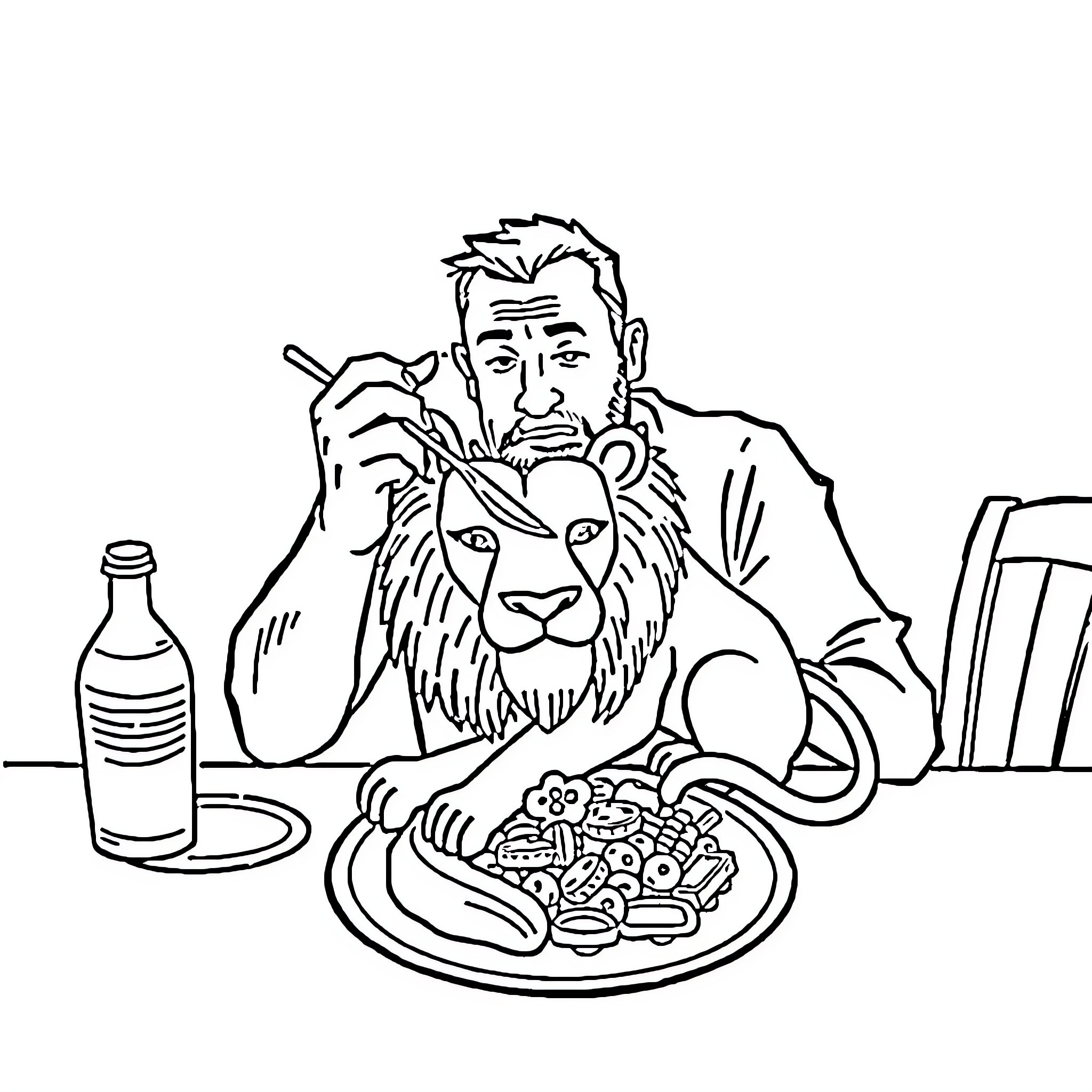 Man enjoying a meal with a lion at a table Coloring Page (free black-and-white line drawing printable PDF for all, from beginners to advanced learners, including children, teens, adults, and seniors)