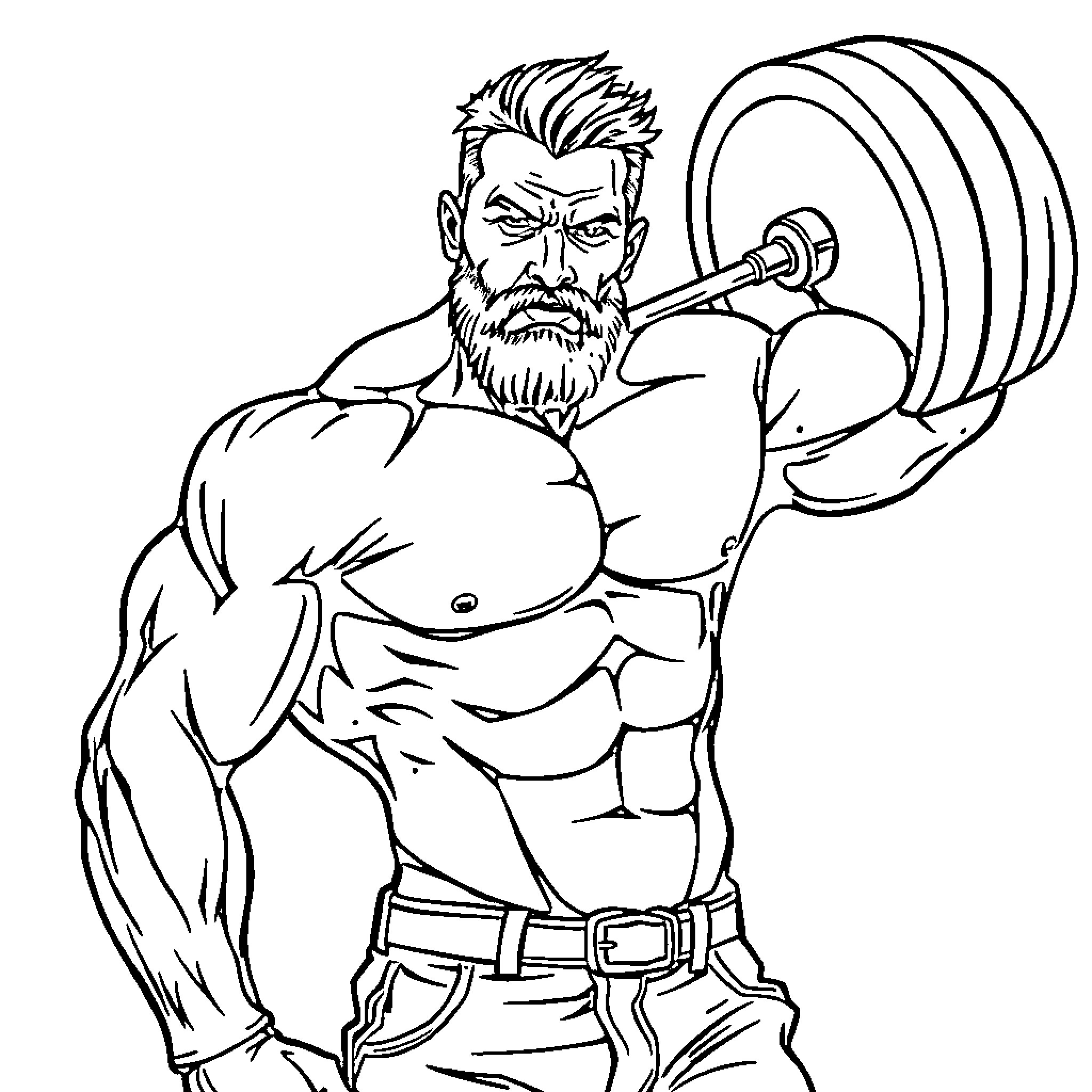 Man lifting heavy barbell with intense expression Coloring Page (free black-and-white line drawing printable PDF for all, from beginners to advanced learners, including children, teens, adults, and seniors)