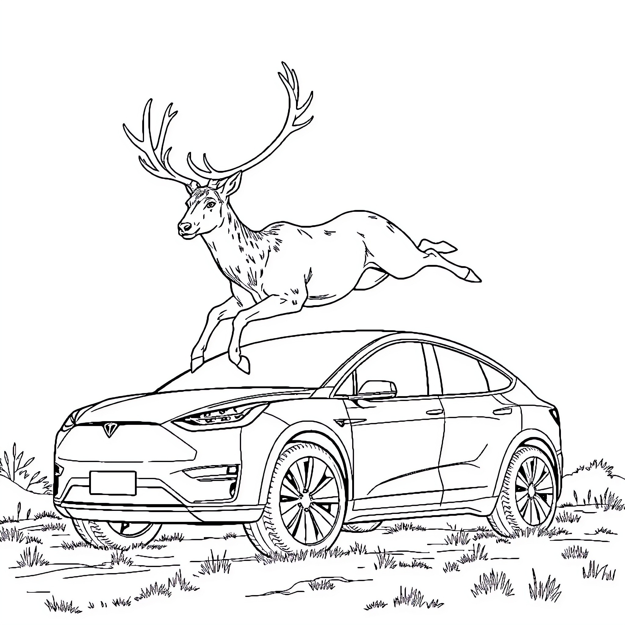 Elk leaping over modern electric car in nature Coloring Page (free black-and-white line drawing printable PDF for all, from beginners to advanced learners, including children, teens, adults, and seniors)