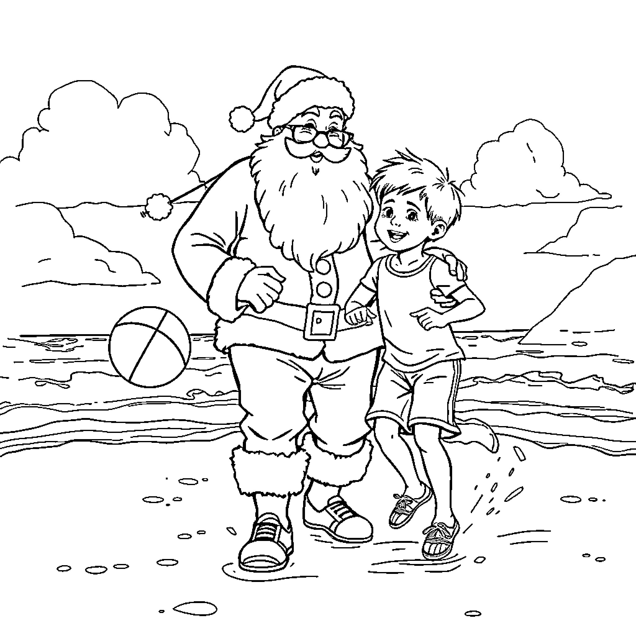 Niño and Santa Claus playing on the beach Coloring Page (free black-and-white line drawing printable PDF for all, from beginners to advanced learners, including children, teens, adults, and seniors)