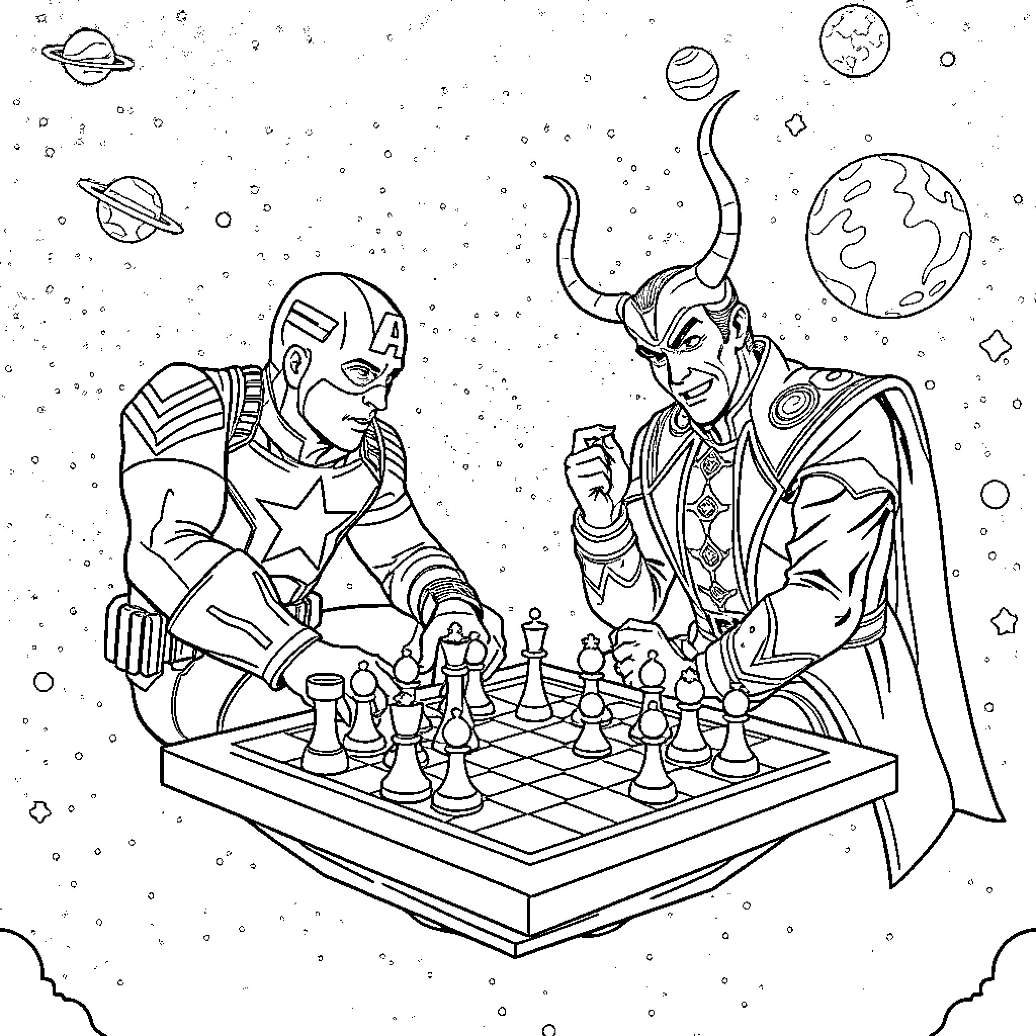 Captain America and Loki Playing Chess in Space Coloring Page (free black-and-white line drawing printable PDF for all, from beginners to advanced learners, including children, teens, adults, and seniors)