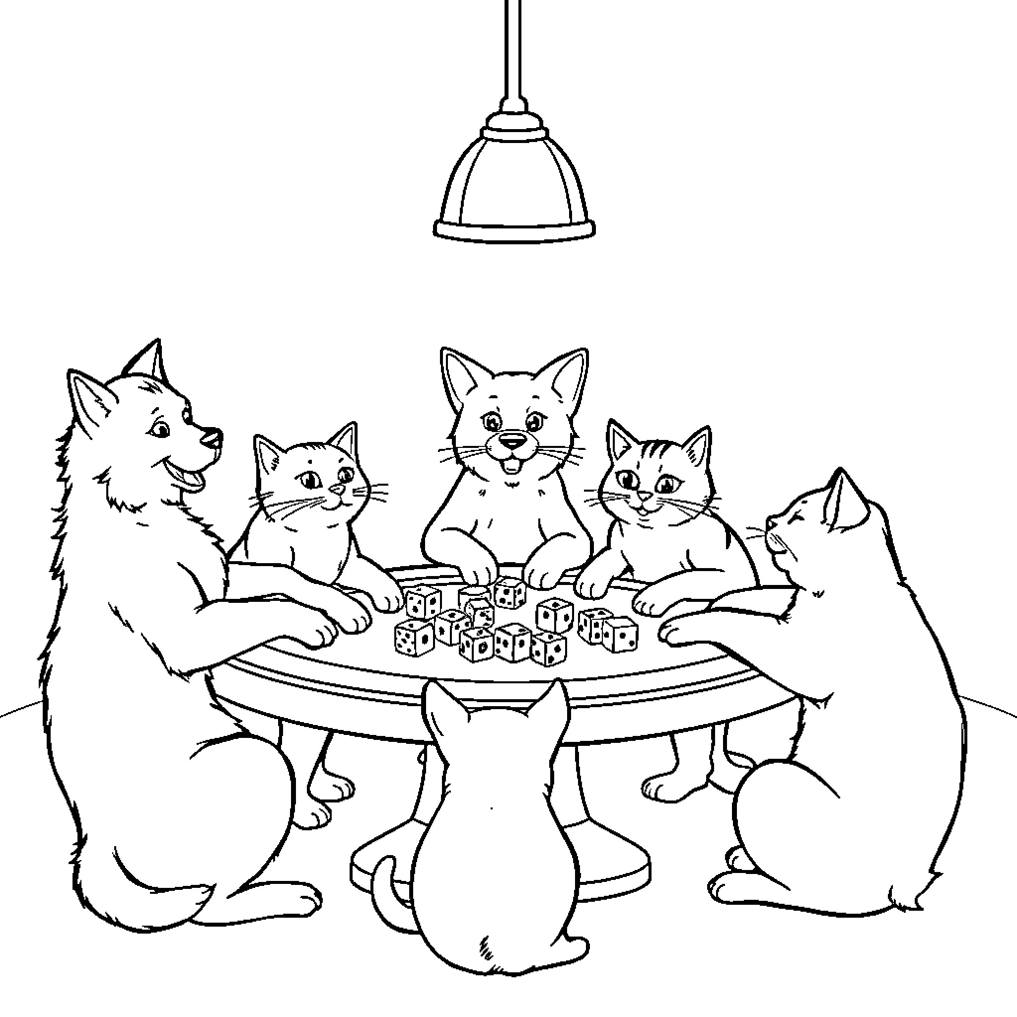 Cat and Dog Playing Board Game Together Coloring Page (free black-and-white line drawing printable PDF for all, from beginners to advanced learners, including children, teens, adults, and seniors)