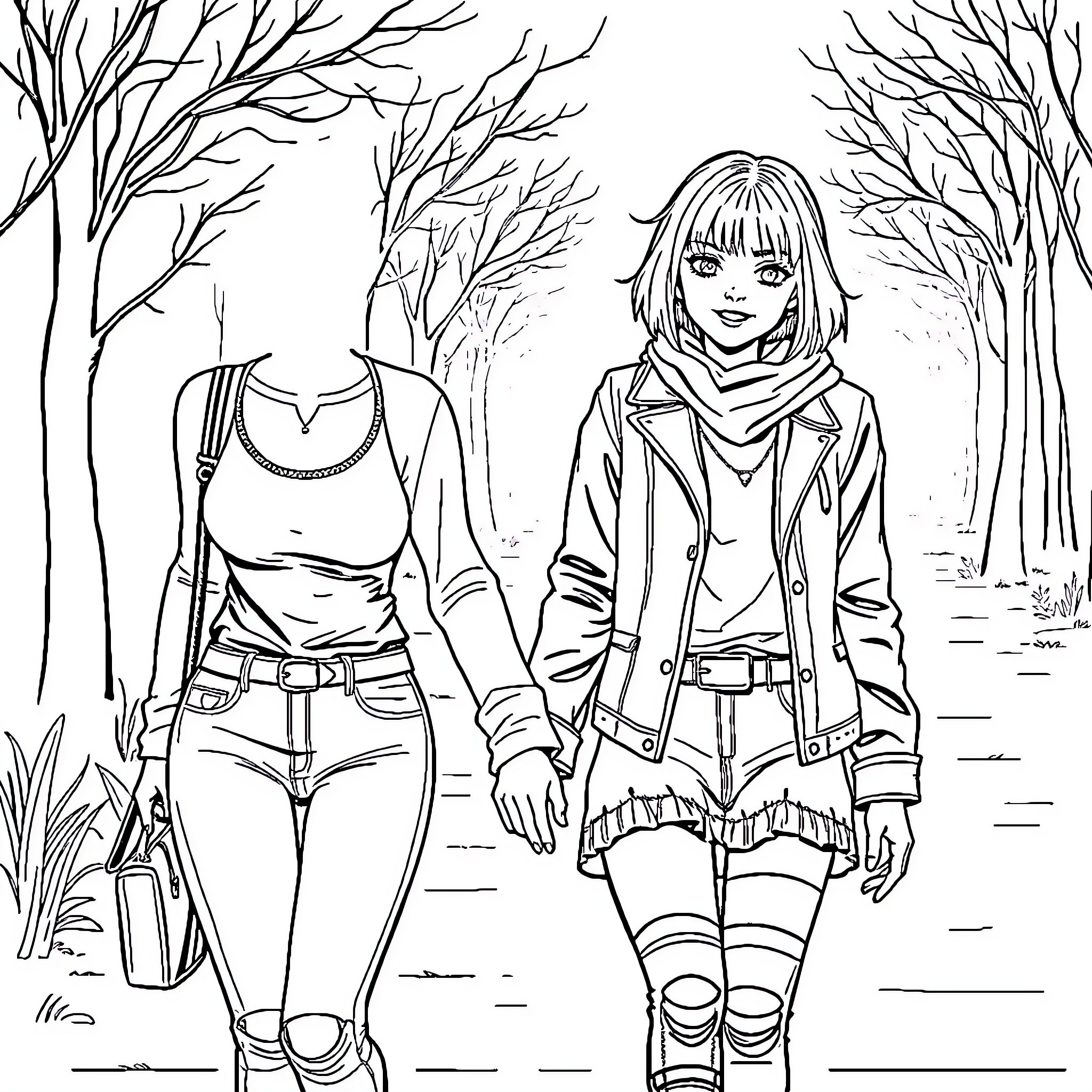 Women strolling through the forest Coloring Page (free black-and-white line drawing printable PDF for all, from beginners to advanced learners, including children, teens, adults, and seniors)