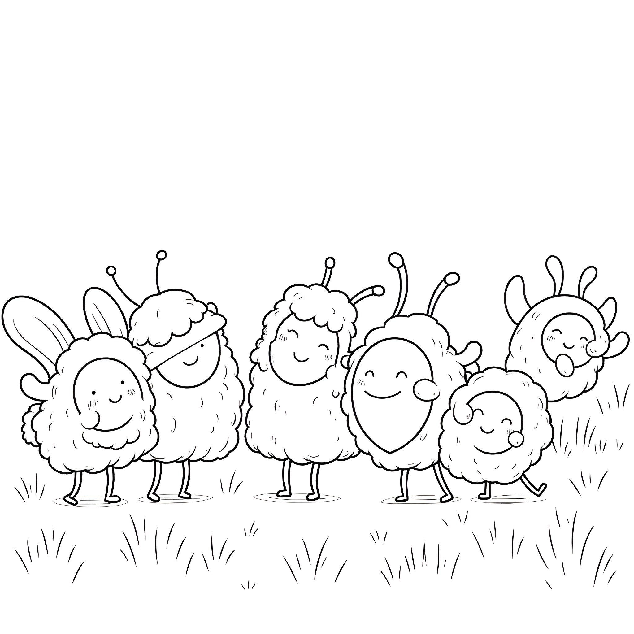 Bumble Nums Critters Gathered in the Grass Coloring Page (free black-and-white line drawing printable PDF for all, from beginners to advanced learners, including children, teens, adults, and seniors)