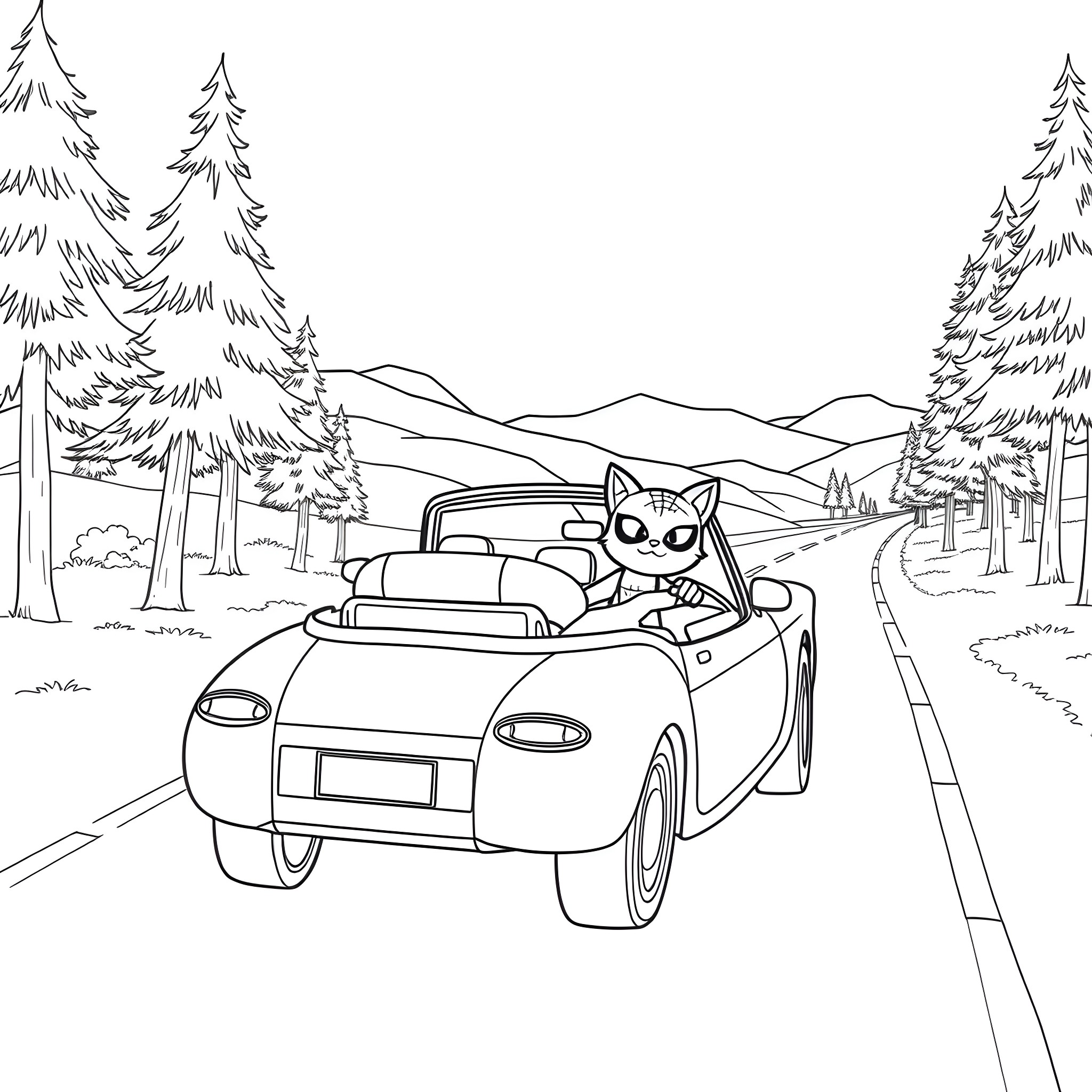 Spiderman driving a convertible in a forest landscape Coloring Page (free black-and-white line drawing printable PDF for all, from beginners to advanced learners, including children, teens, adults, and seniors)
