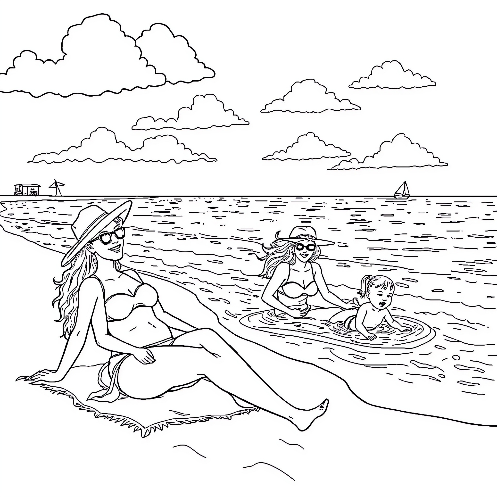 Mother and children relaxing on the beach Coloring Page (free black-and-white line drawing printable PDF for all, from beginners to advanced learners, including children, teens, adults, and seniors)