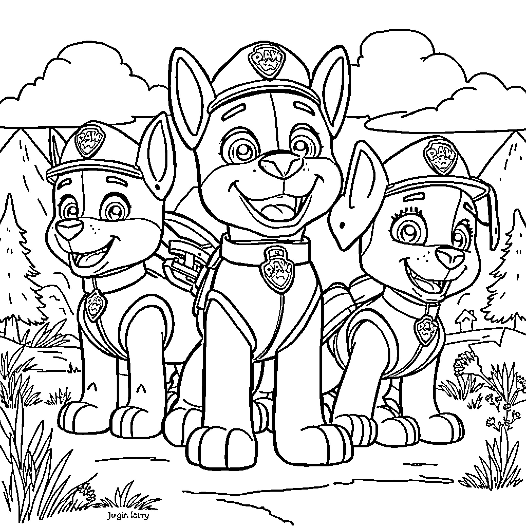 Paw Patrol Cheerful Puppies on a Mission Coloring Page (free black-and-white line drawing printable PDF for all, from beginners to advanced learners, including children, teens, adults, and seniors)