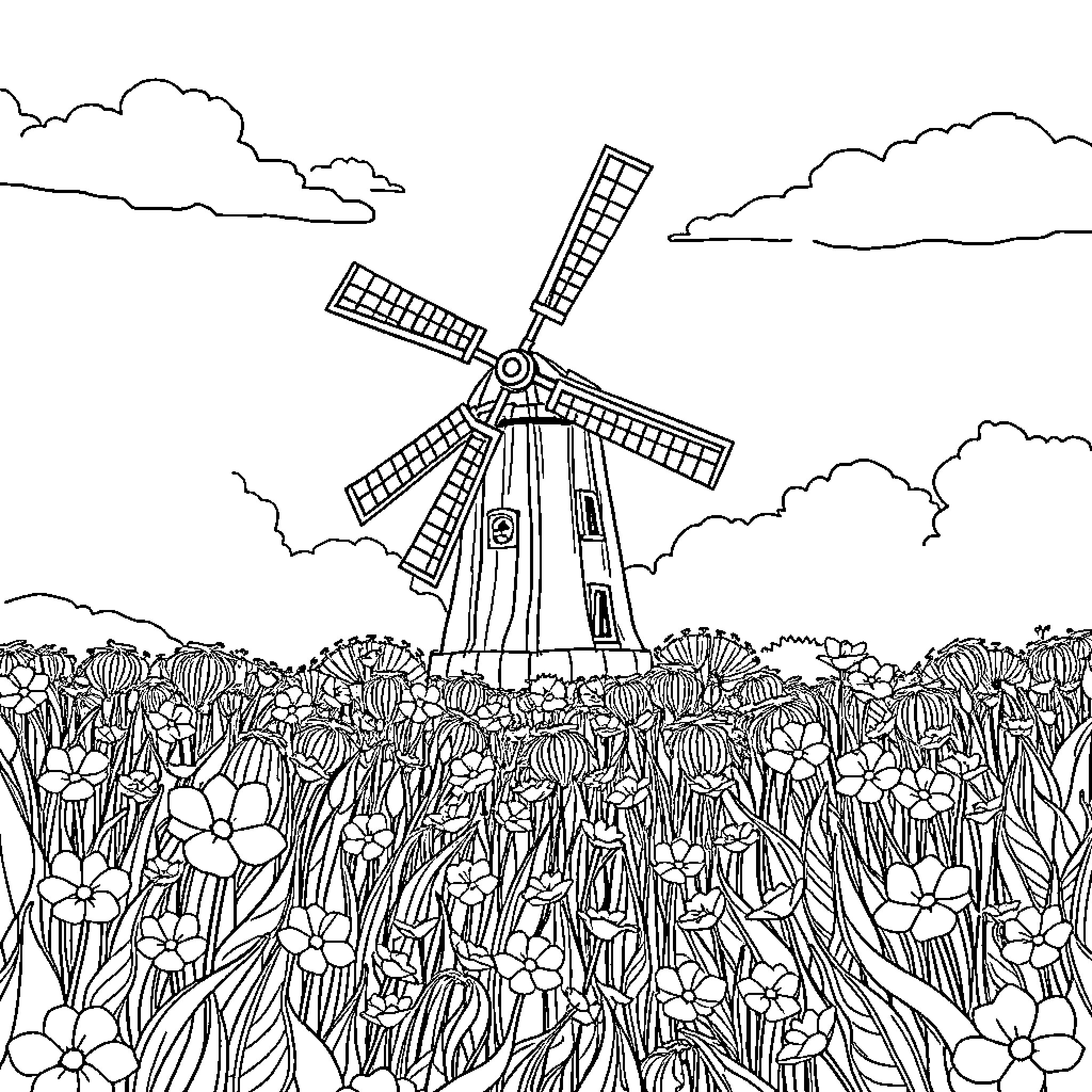 Windmill overlooking a field of flowers Coloring Page (free black-and-white line drawing printable PDF for all, from beginners to advanced learners, including children, teens, adults, and seniors)