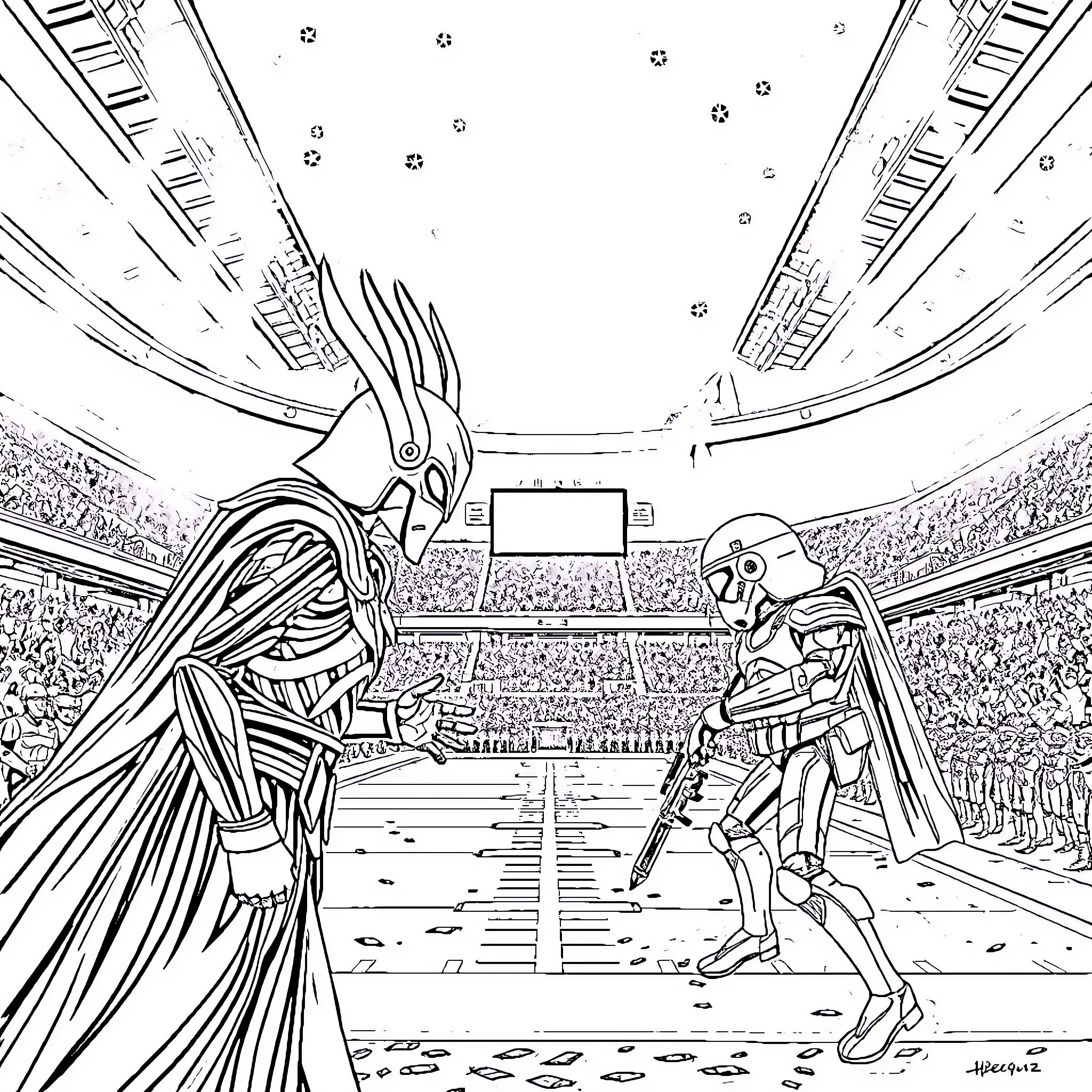 General Grievous in an epic arena battle Coloring Page (free black-and-white line drawing printable PDF for all, from beginners to advanced learners, including children, teens, adults, and seniors)