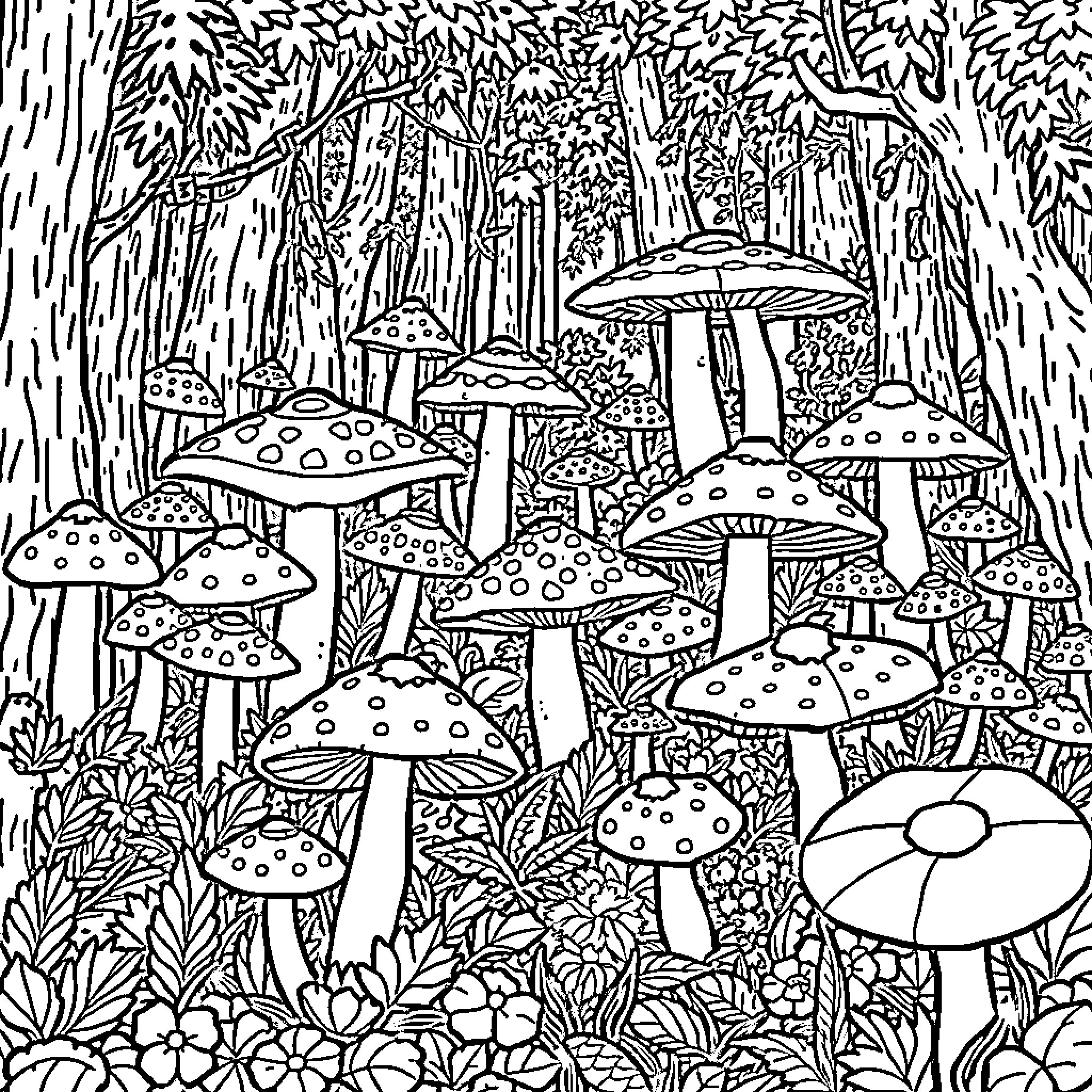Mushroom Forest Scene with Detailed Flora Coloring Page (free black-and-white line drawing printable PDF for all, from beginners to advanced learners, including children, teens, adults, and seniors)