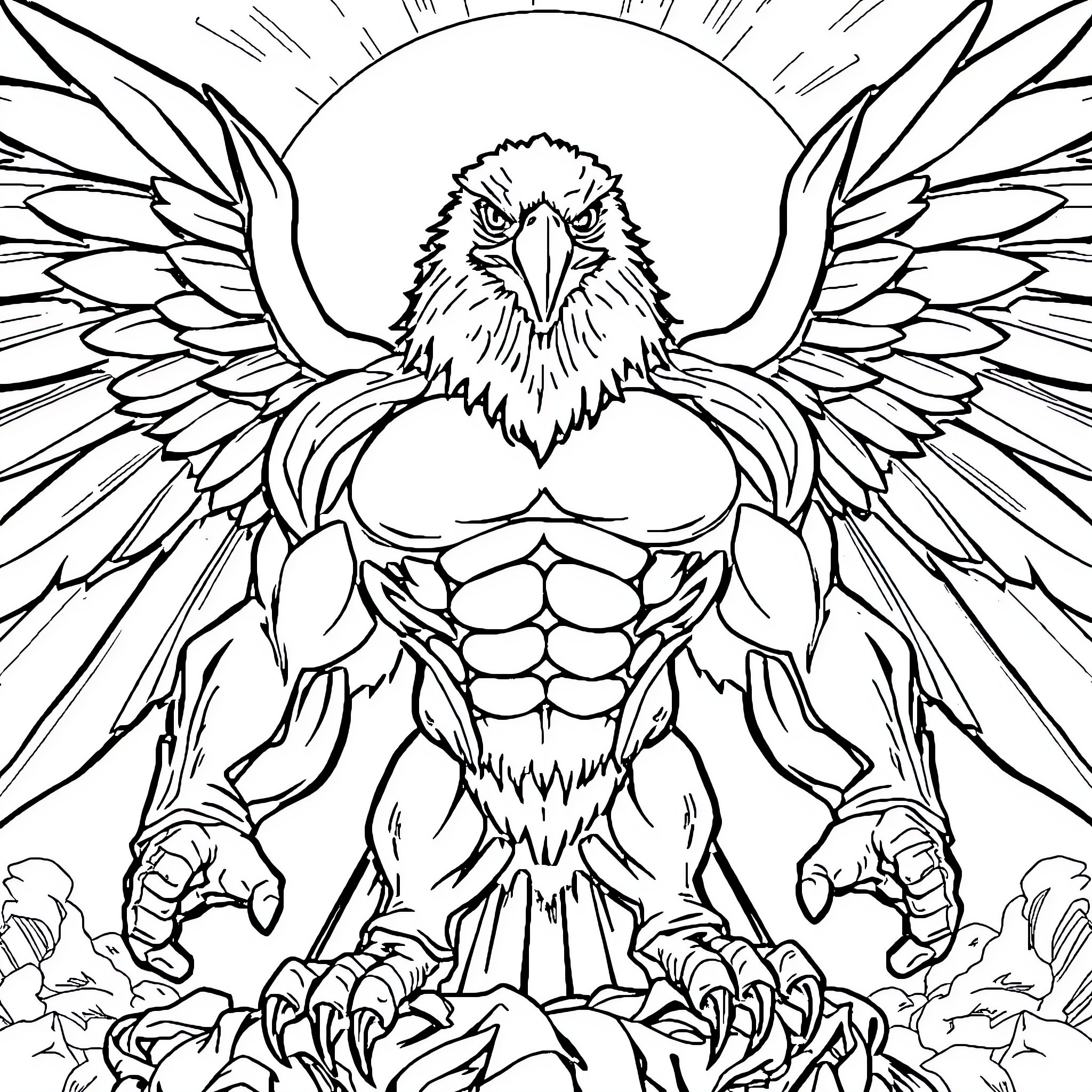 Superhero Eagle Warrior with Powerful Wings Coloring Page (free black-and-white line drawing printable PDF for all, from beginners to advanced learners, including children, teens, adults, and seniors)