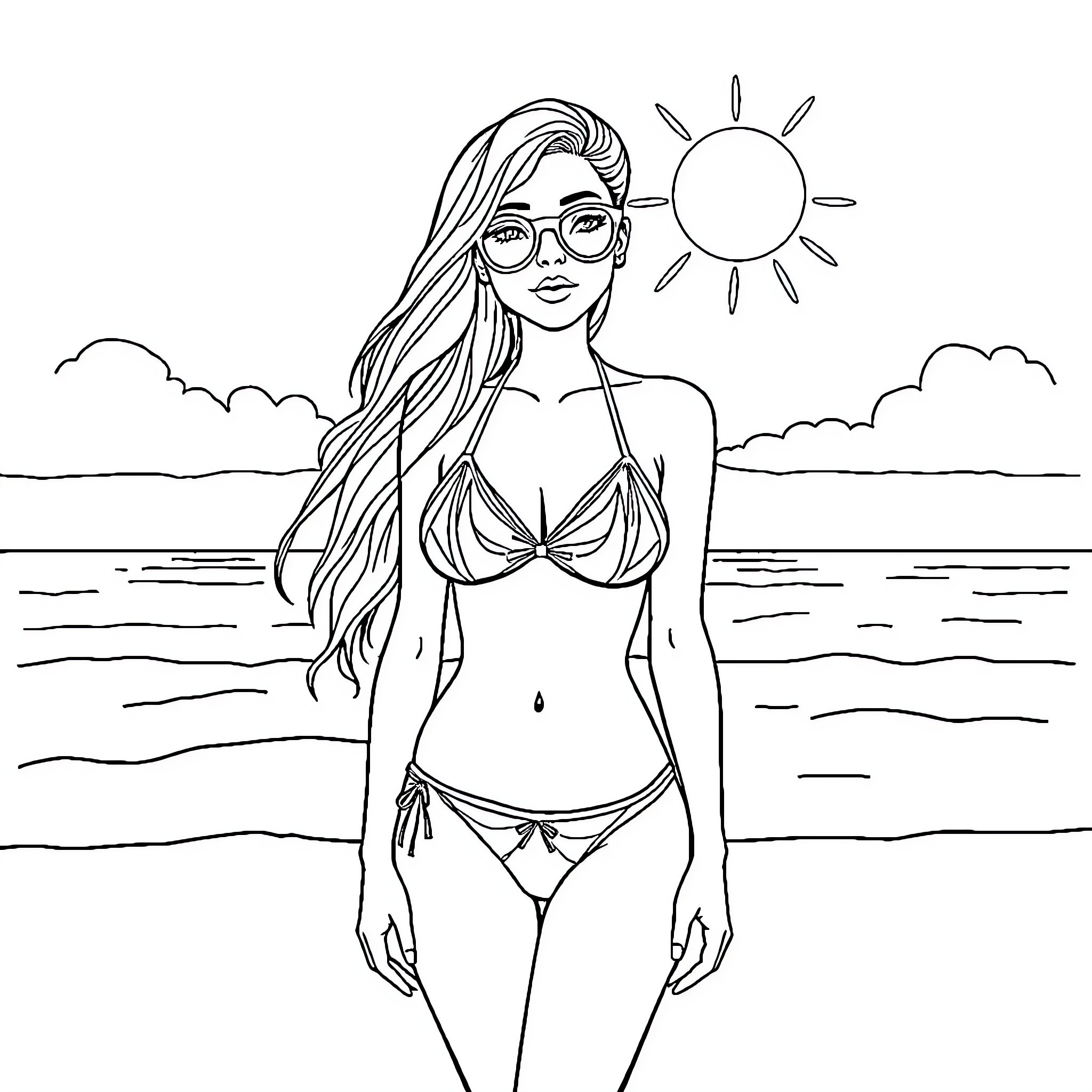 Girl relaxing on the beach in the sun Coloring Page (free black-and-white line drawing printable PDF for all, from beginners to advanced learners, including children, teens, adults, and seniors)