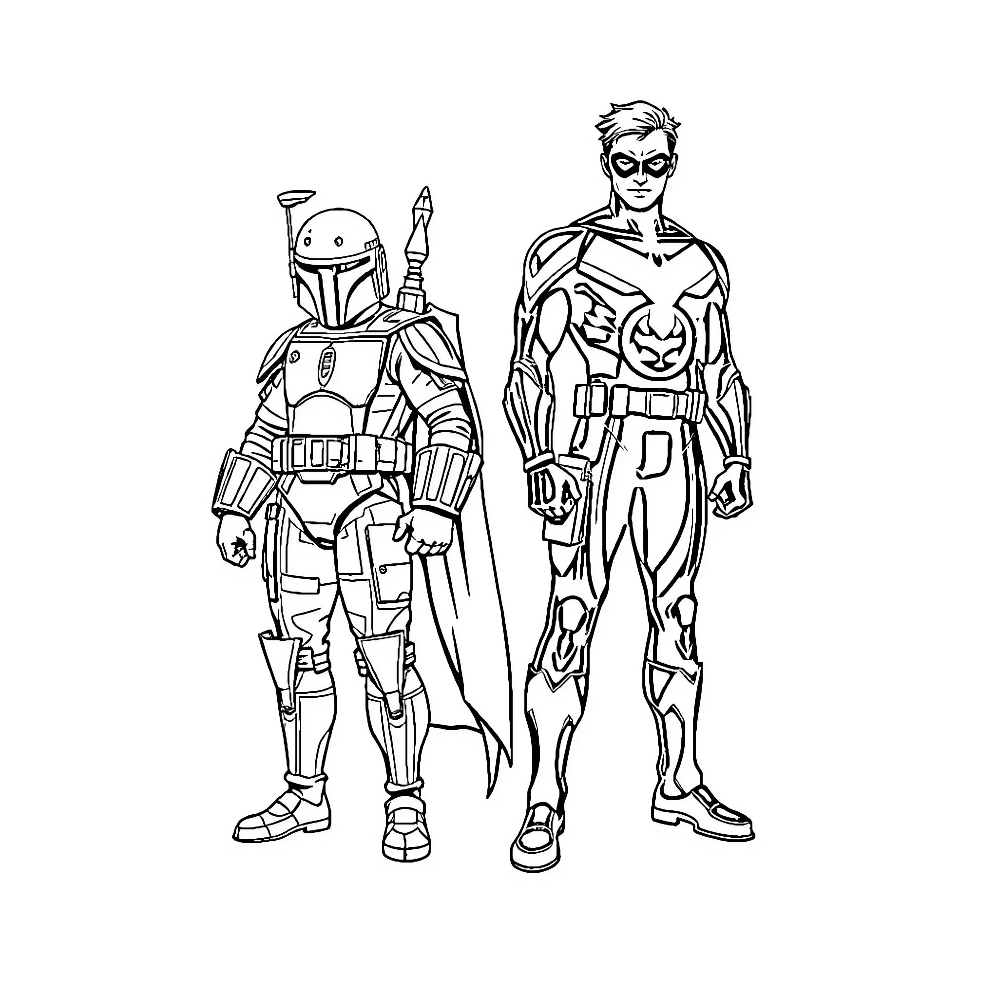Nightwing and Boba Fett in Action Poses Coloring Page (free black-and-white line drawing printable PDF for all, from beginners to advanced learners, including children, teens, adults, and seniors)