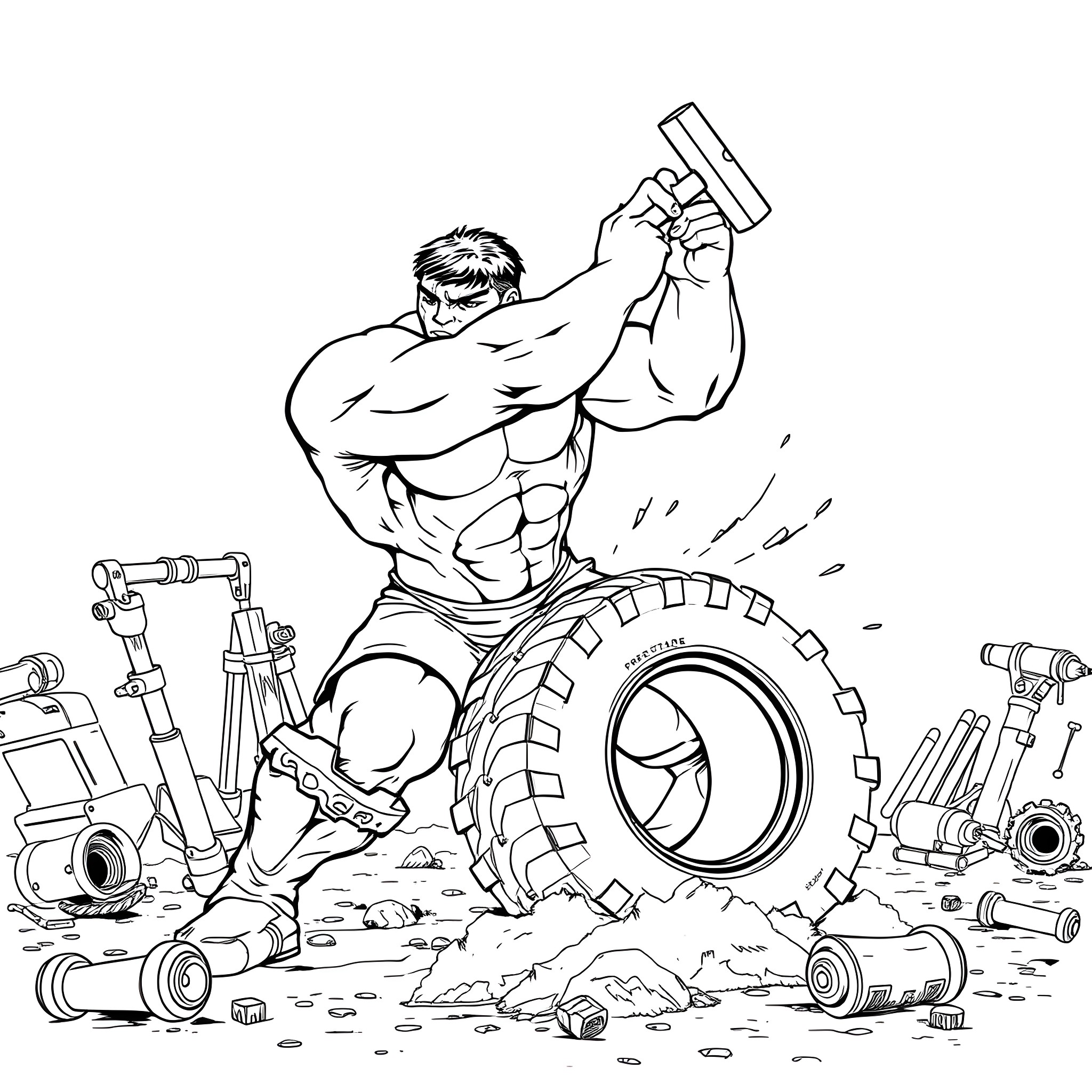 Hulk smashing through mechanical debris Coloring Page (free black-and-white line drawing printable PDF for all, from beginners to advanced learners, including children, teens, adults, and seniors)