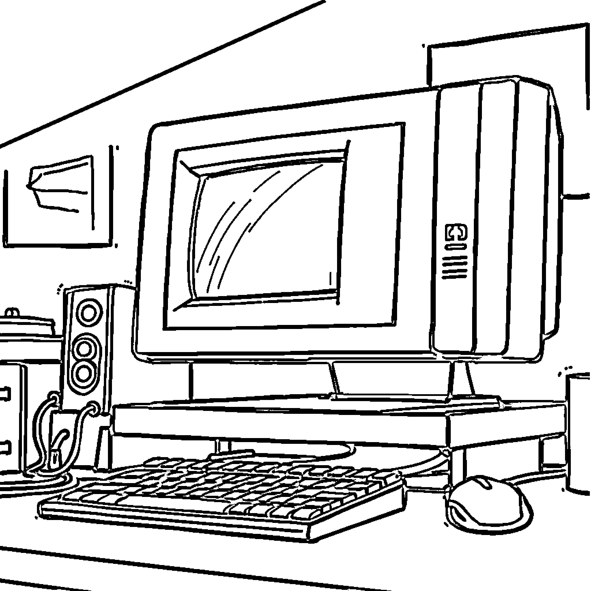 PC Setup with Keyboard and Monitor Coloring Page (free black-and-white line drawing printable PDF for all, from beginners to advanced learners, including children, teens, adults, and seniors)