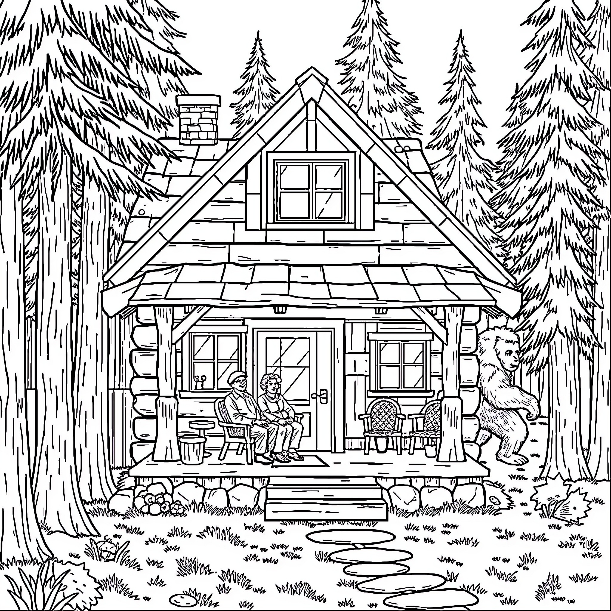 Cabin in the Snowy Forest with Outdoor Seating Coloring Page (free black-and-white line drawing printable PDF for all, from beginners to advanced learners, including children, teens, adults, and seniors)