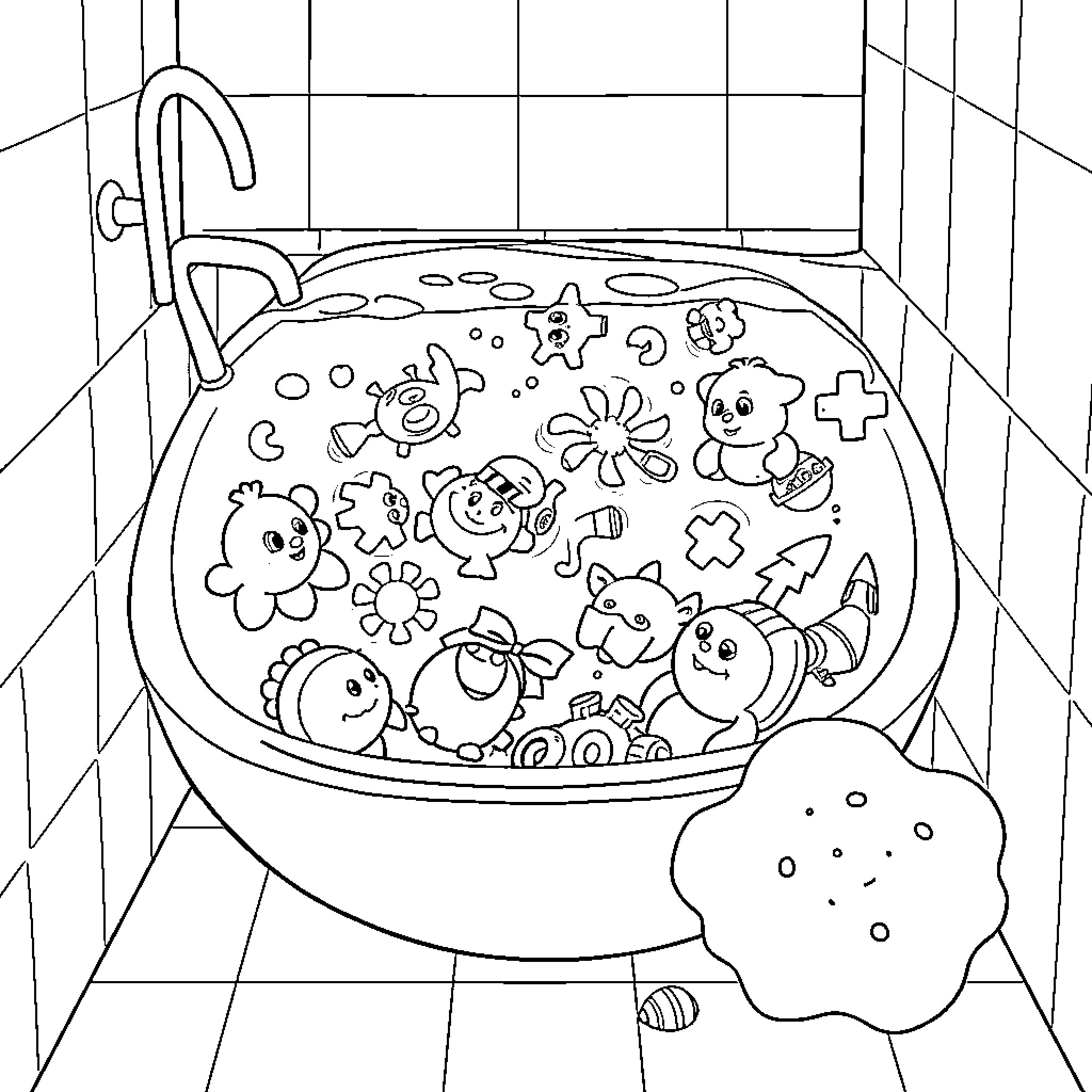 Bathroom Filled with Playful Animal Characters Coloring Page (free black-and-white line drawing printable PDF for all, from beginners to advanced learners, including children, teens, adults, and seniors)