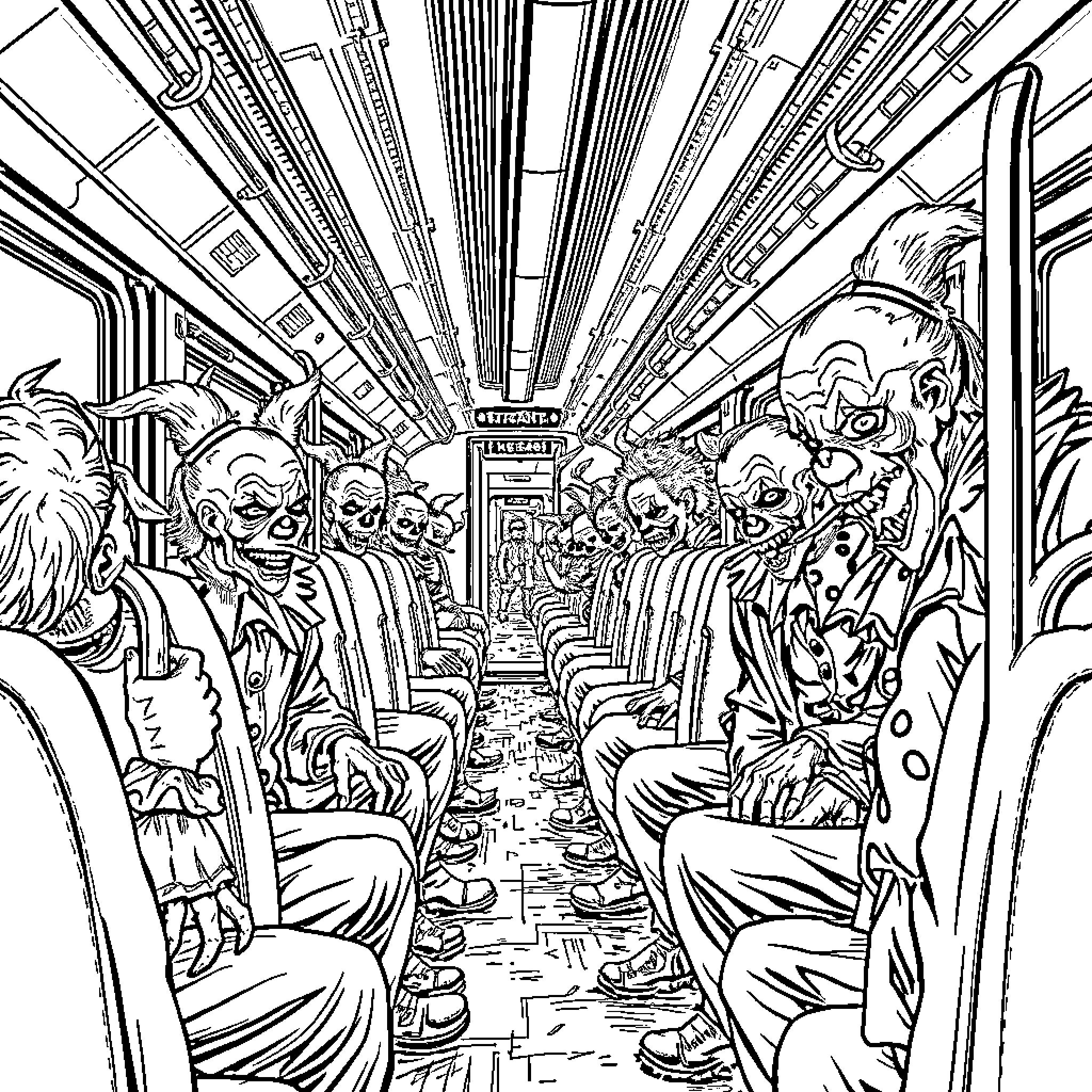 Clowns Crowding the Commuter Train Coloring Page (free black-and-white line drawing printable PDF for all, from beginners to advanced learners, including children, teens, adults, and seniors)