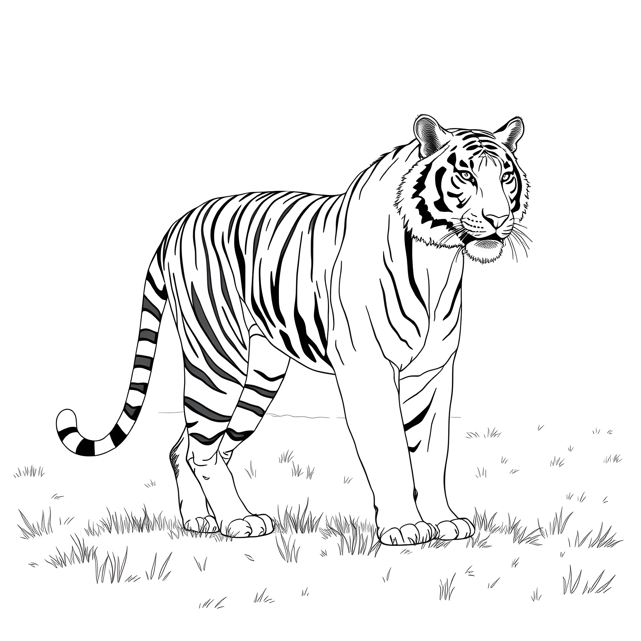 Tiger Standing Proudly in the Grass Coloring Page (free black-and-white line drawing printable PDF for all, from beginners to advanced learners, including children, teens, adults, and seniors)