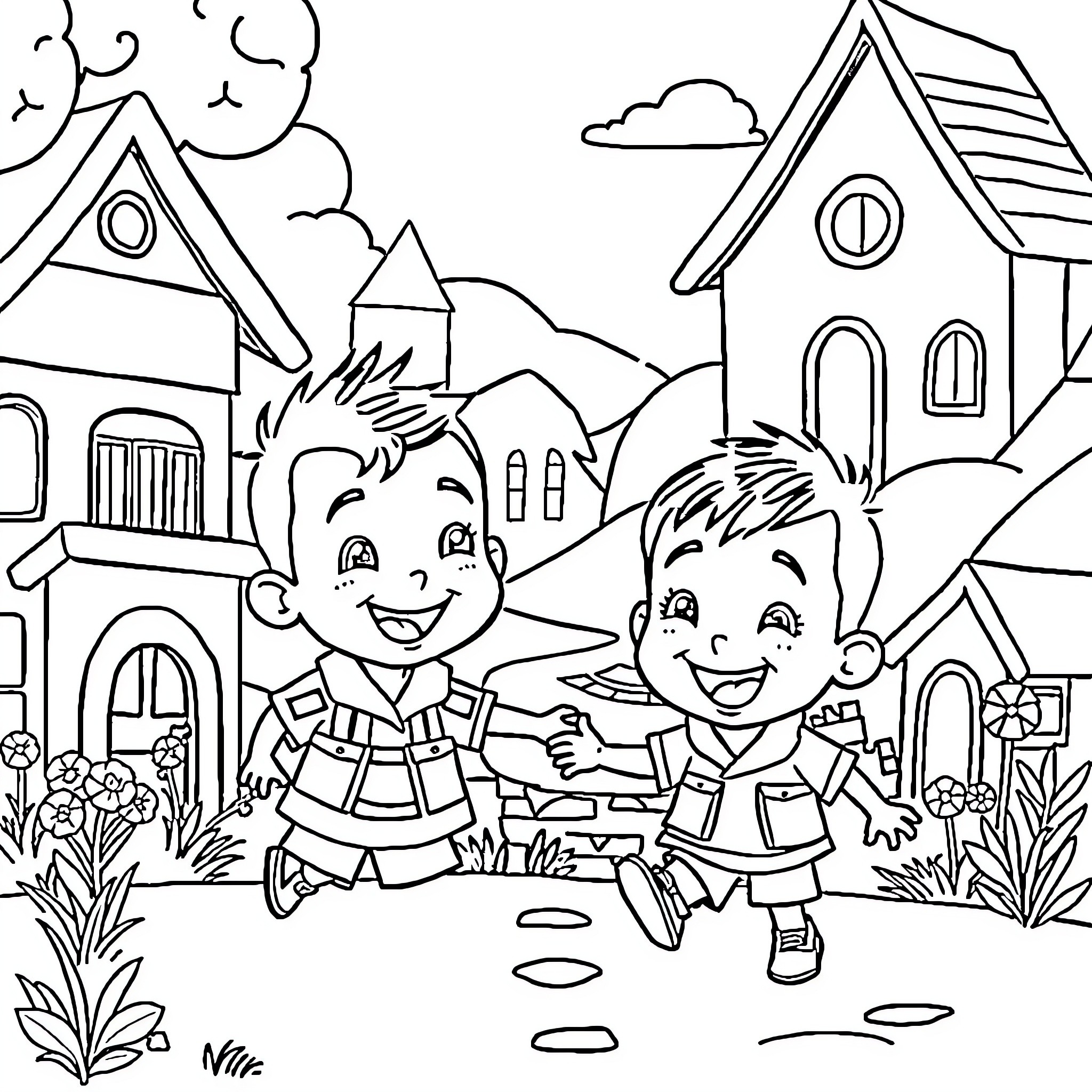 Upin Ipin playing joyfully in their neighborhood Coloring Page (free black-and-white line drawing printable PDF for all, from beginners to advanced learners, including children, teens, adults, and seniors)