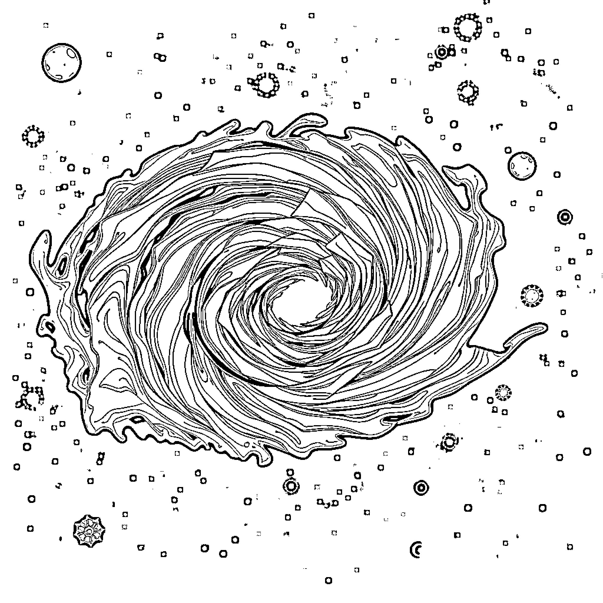 Galaxy of abstract swirling shapes and cosmic elements Coloring Page (free black-and-white line drawing printable PDF for all, from beginners to advanced learners, including children, teens, adults, and seniors)