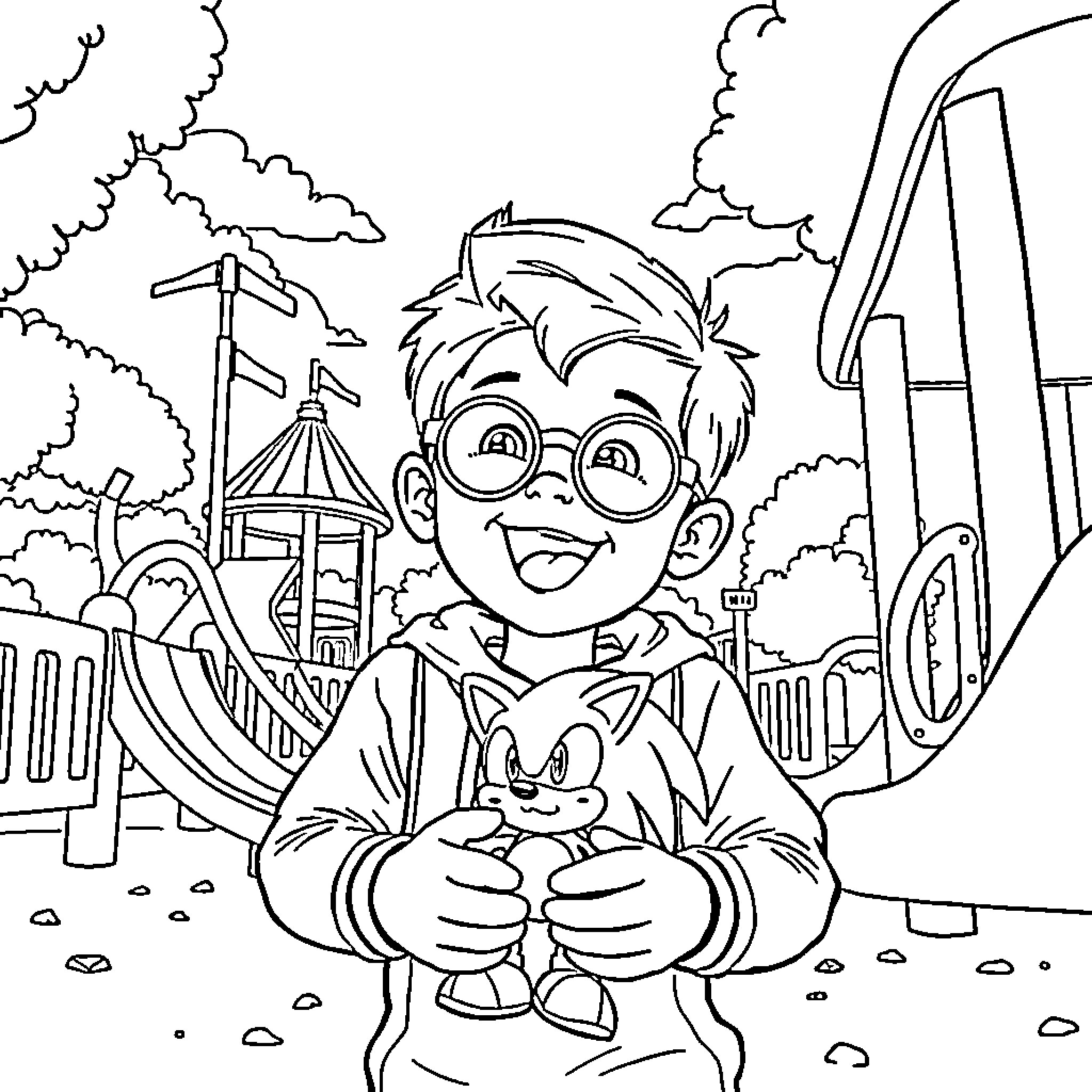 Boy playing with toy in amusement park Coloring Page (free black-and-white line drawing printable PDF for all, from beginners to advanced learners, including children, teens, adults, and seniors)