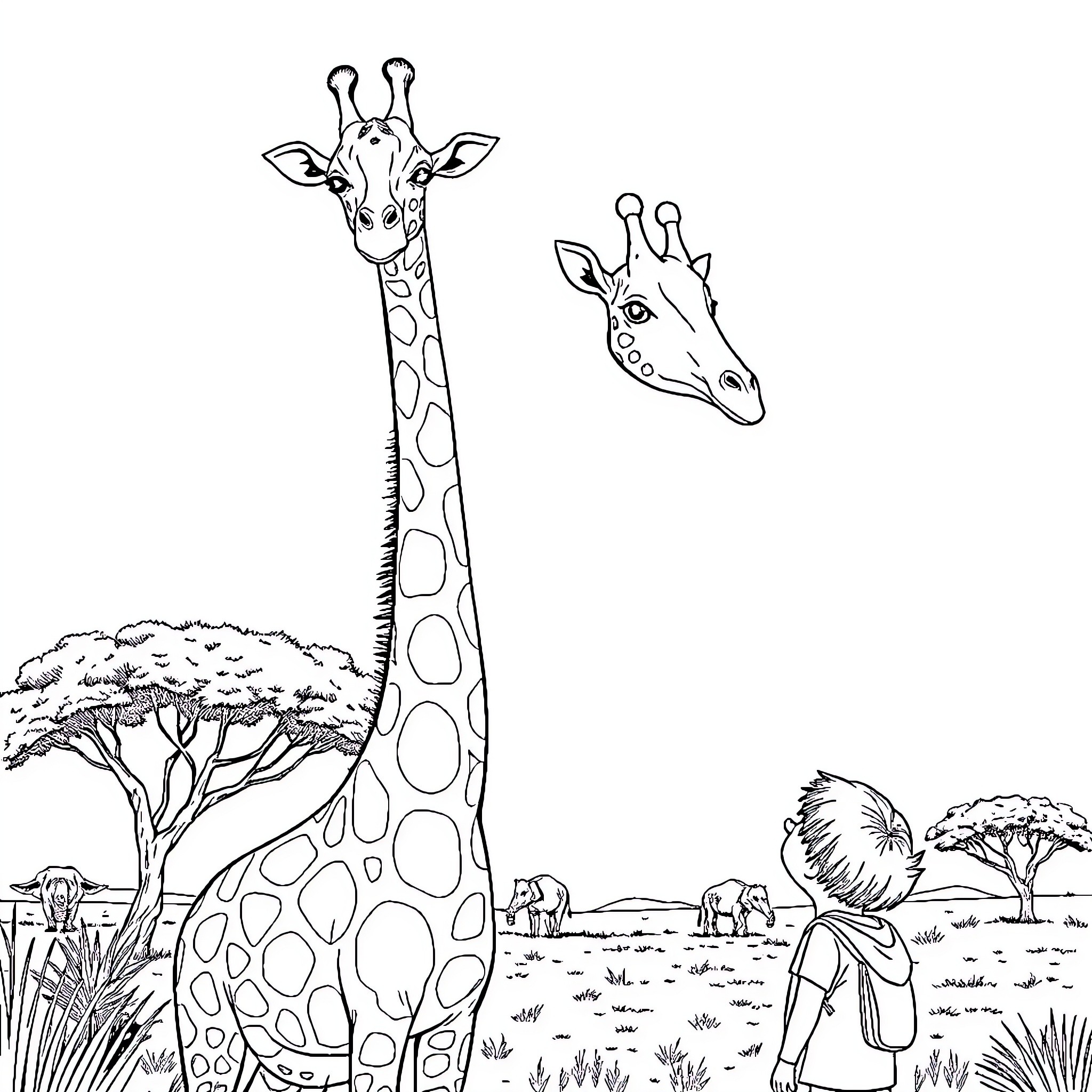 Kid explores African safari with playful giraffes Coloring Page (free black-and-white line drawing printable PDF for all, from beginners to advanced learners, including children, teens, adults, and seniors)