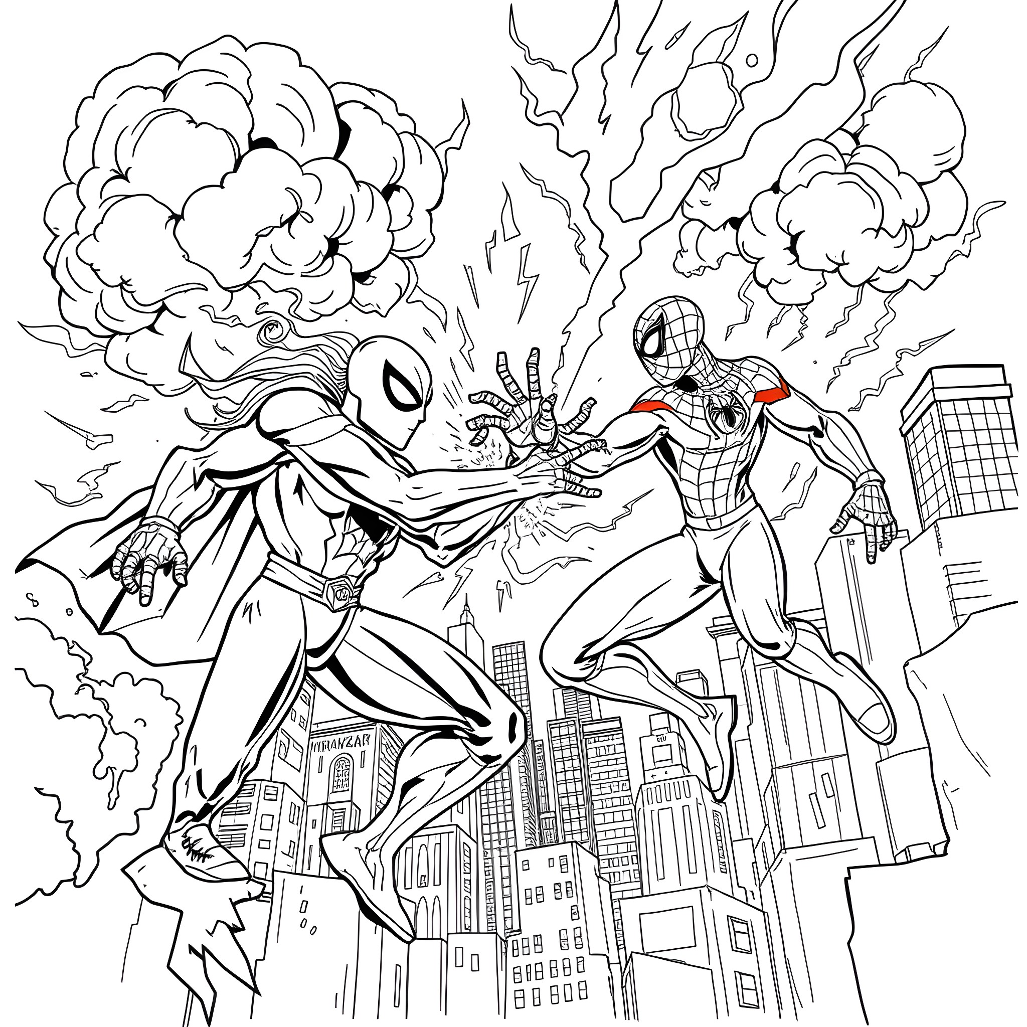 Spiderman battling supervillains in the city Coloring Page (free black-and-white line drawing printable PDF for all, from beginners to advanced learners, including children, teens, adults, and seniors)