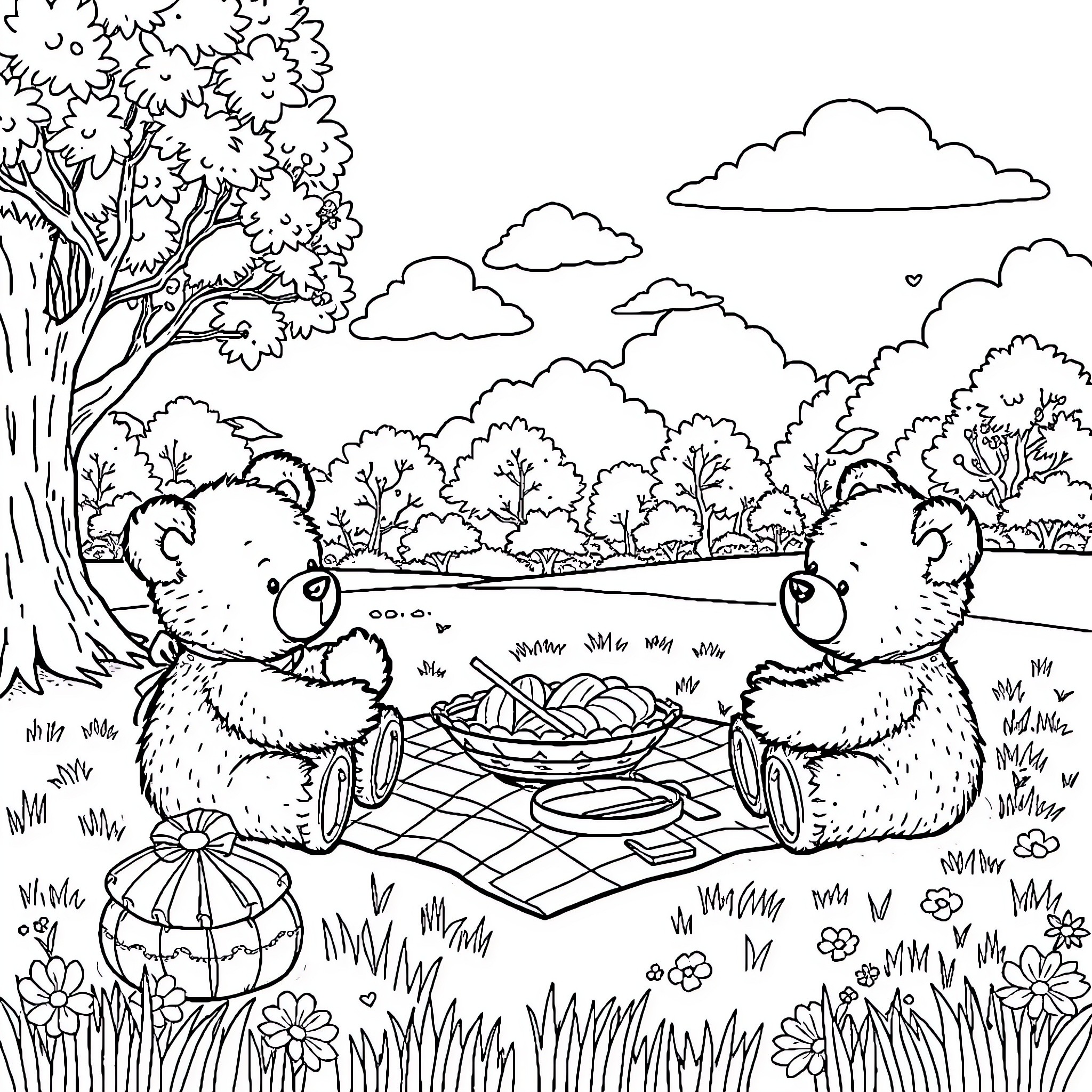 Teddy Bears Enjoying a Picnic in the Countryside Coloring Page (free black-and-white line drawing printable PDF for all, from beginners to advanced learners, including children, teens, adults, and seniors)